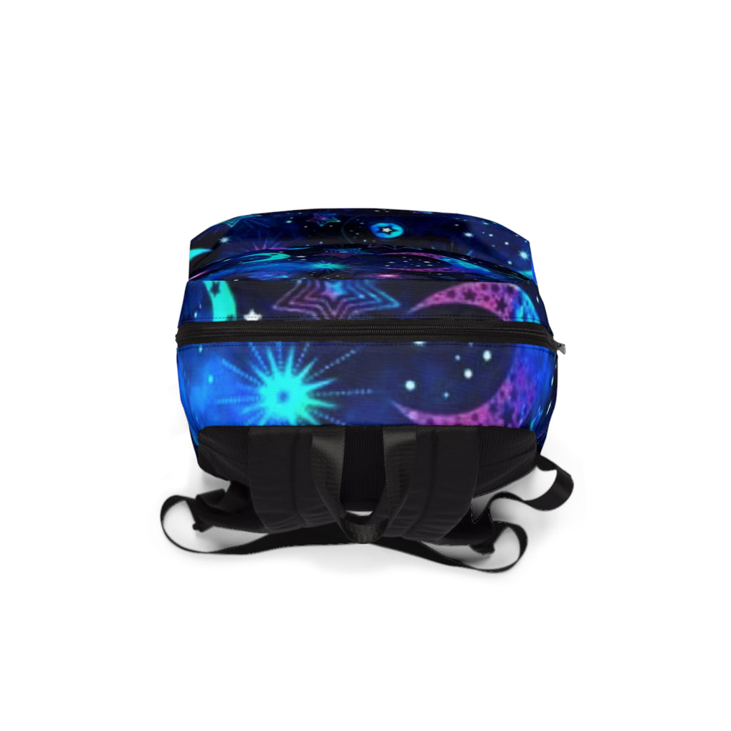 Zaino classico unisex blu scuro stampa galassia, cinturino e spallacci neri regolabili