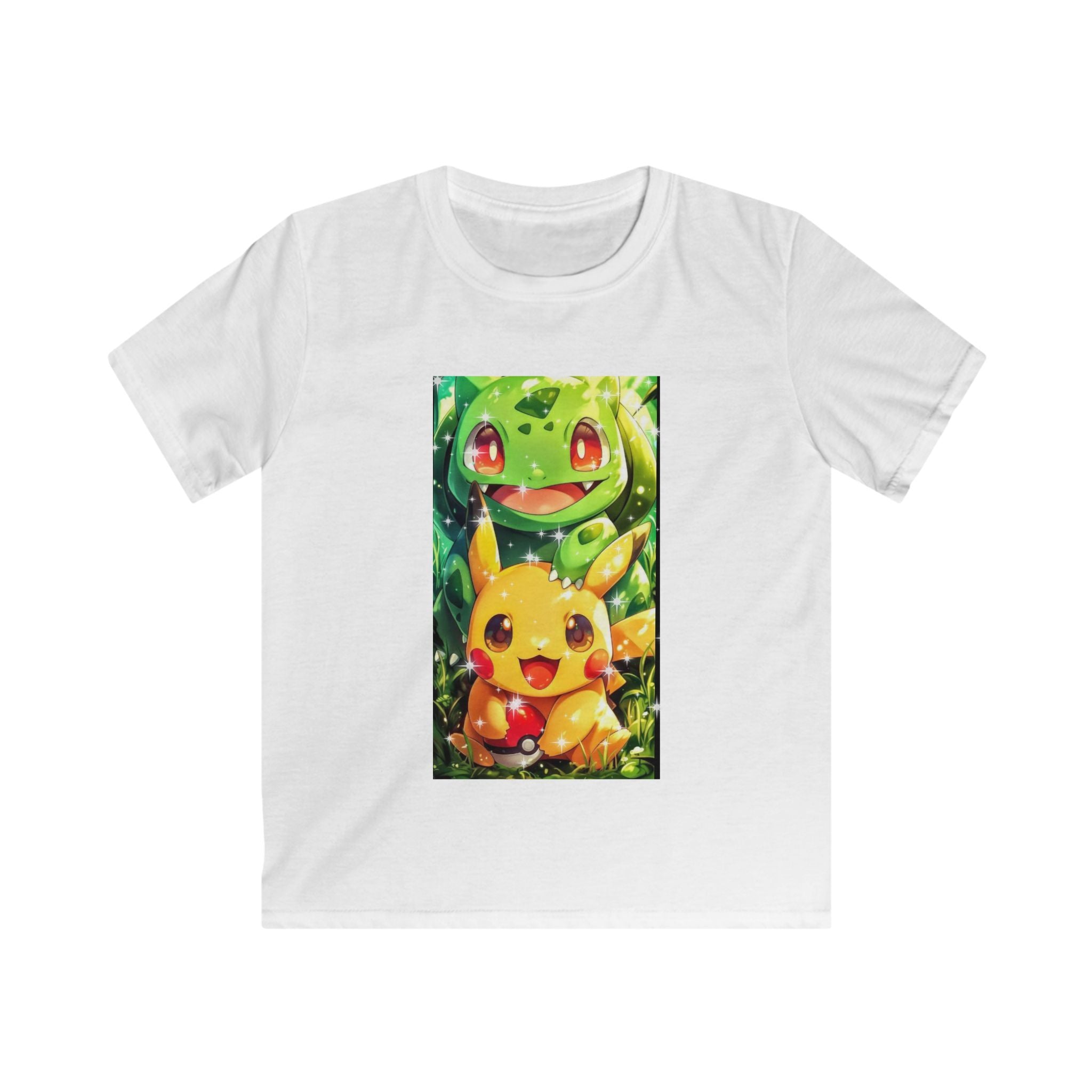 T-shirt bambino bianca con stampa rettangolare di personaggi verdi e gialli