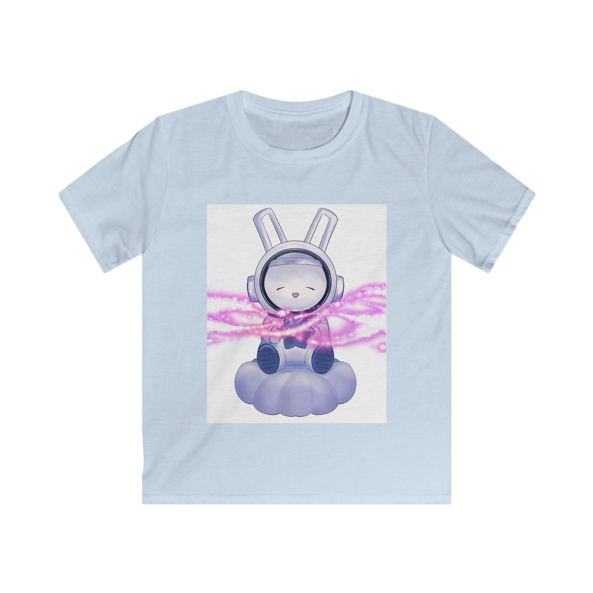 T-shirt bambino azzurra con stampa astronauta e nuvole viola