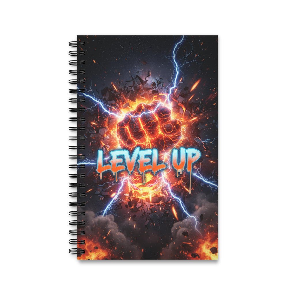 Spiral notebook with dark fantasy cover, “LEVEL UP” graphic and metal coil binding