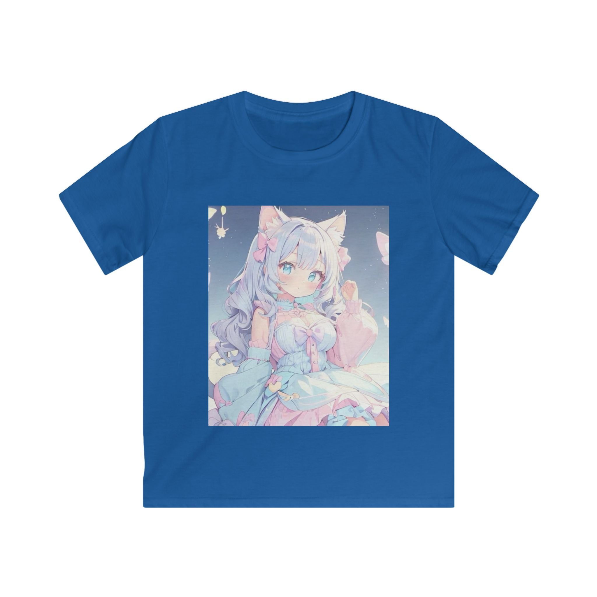 T-shirt per bambino blu royal con stampa quadrata di personaggio anime sul petto