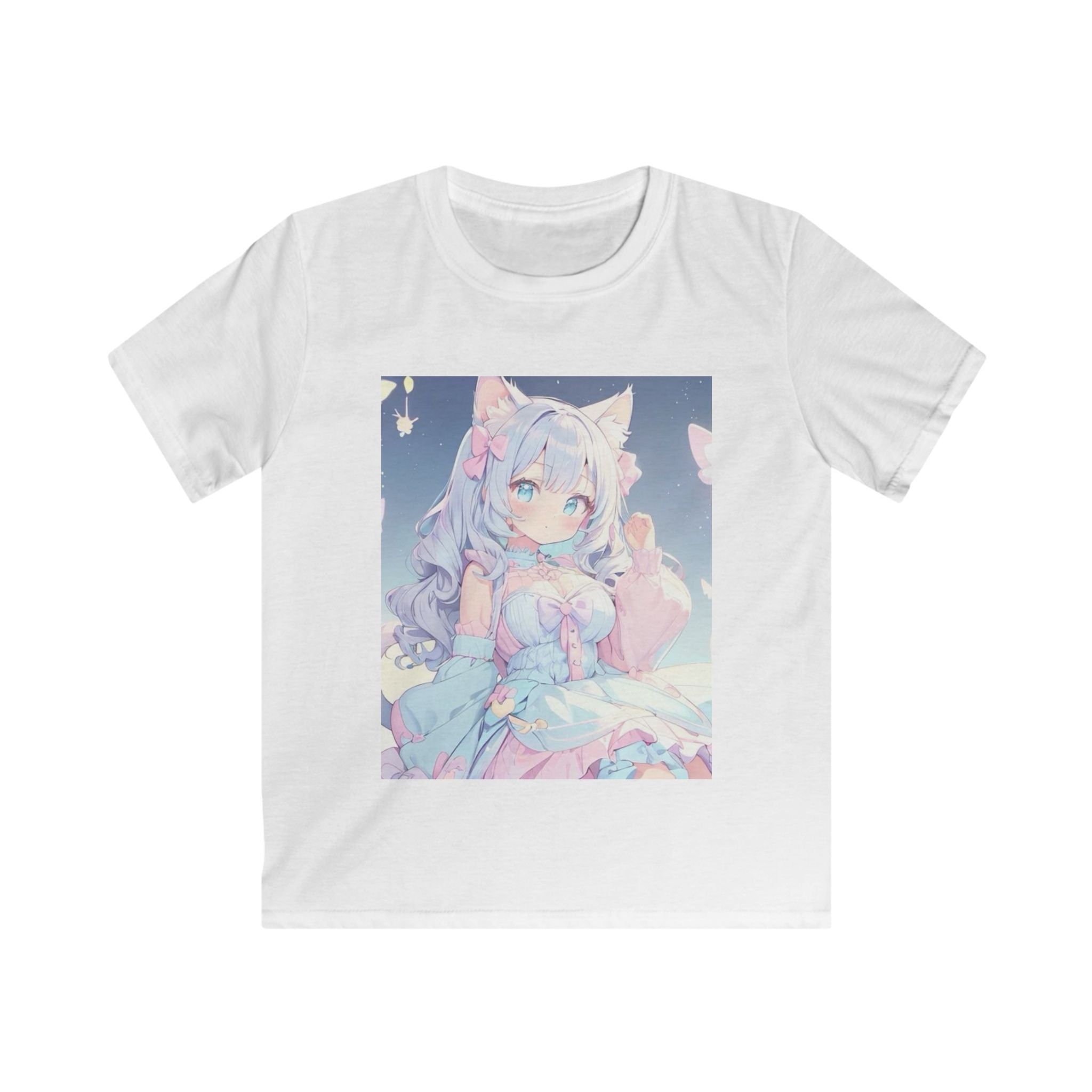 T-shirt per bambino bianca con stampa quadrata di personaggio anime sul petto