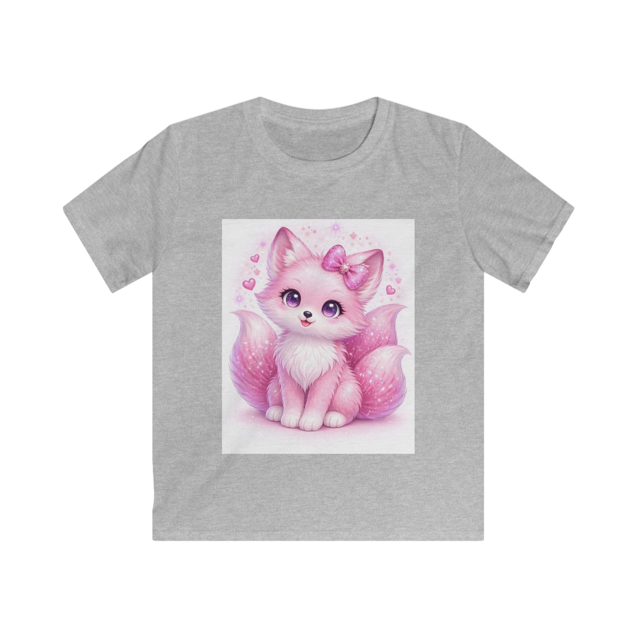 T-shirt bambino grigio sport con stampa gattino rosa e fiocco