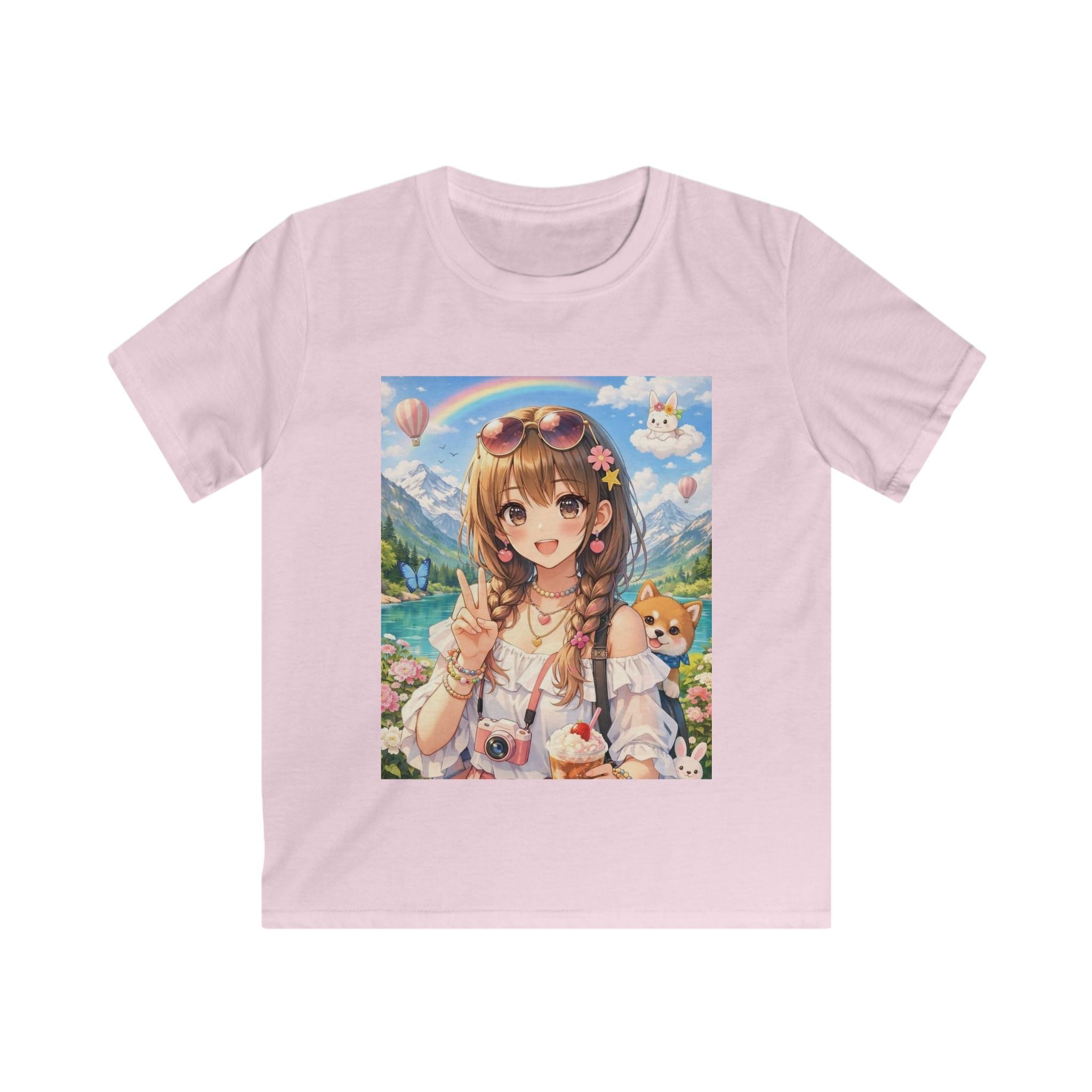 Maglietta bimbo rosa chiaro con stampa frontale anime