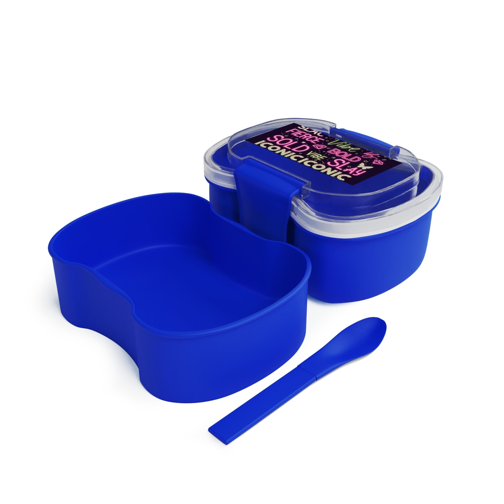 Porta pranzo bento blu a due scomparti con coperchio trasparente e linguetta.