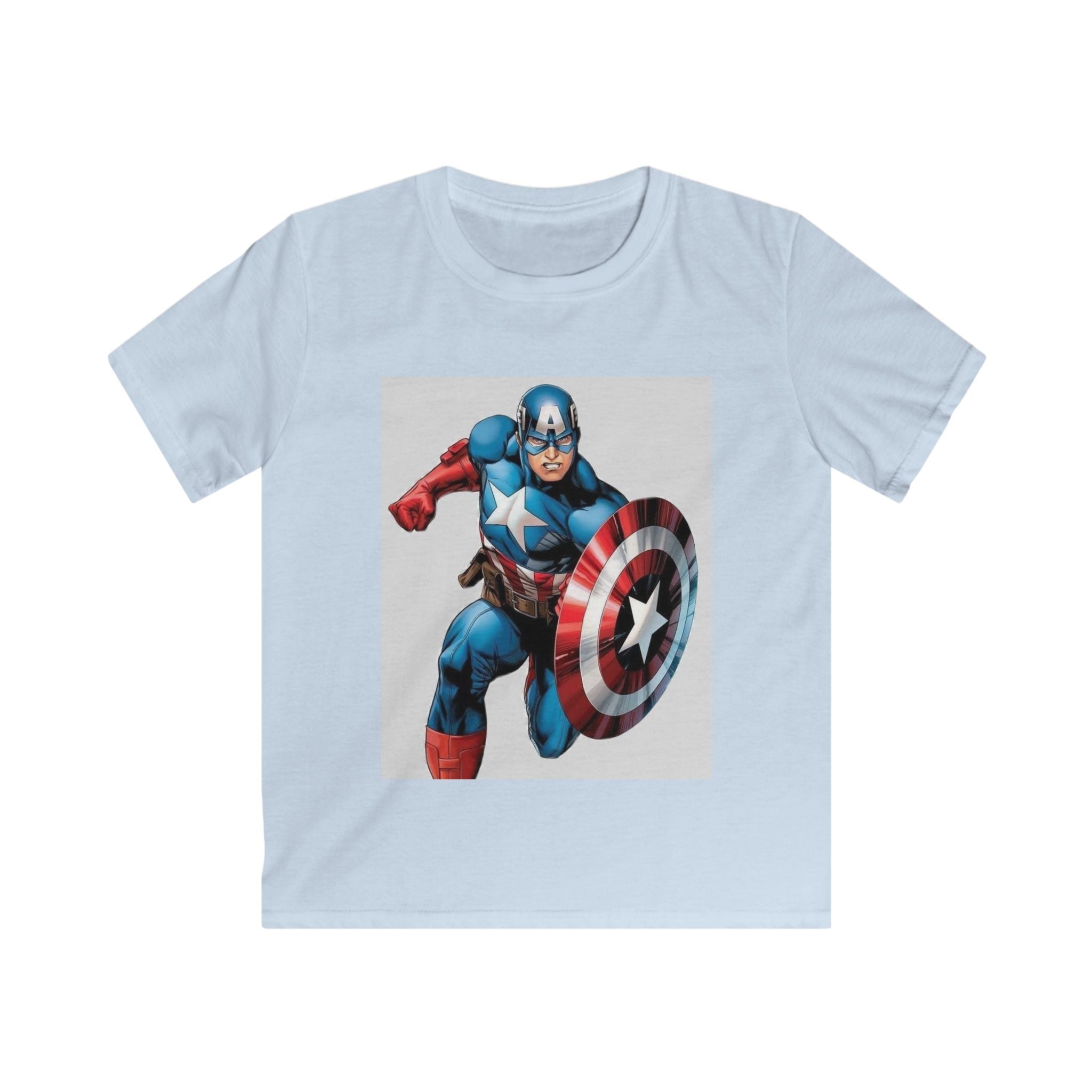 T-shirt bambino SamyeLuna azzurra chiara con stampa supereroe e scudo sul petto