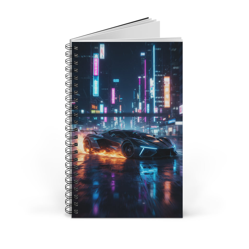 Quaderno a spirale con copertina città neon e auto futuristica, pagine in evidenza.