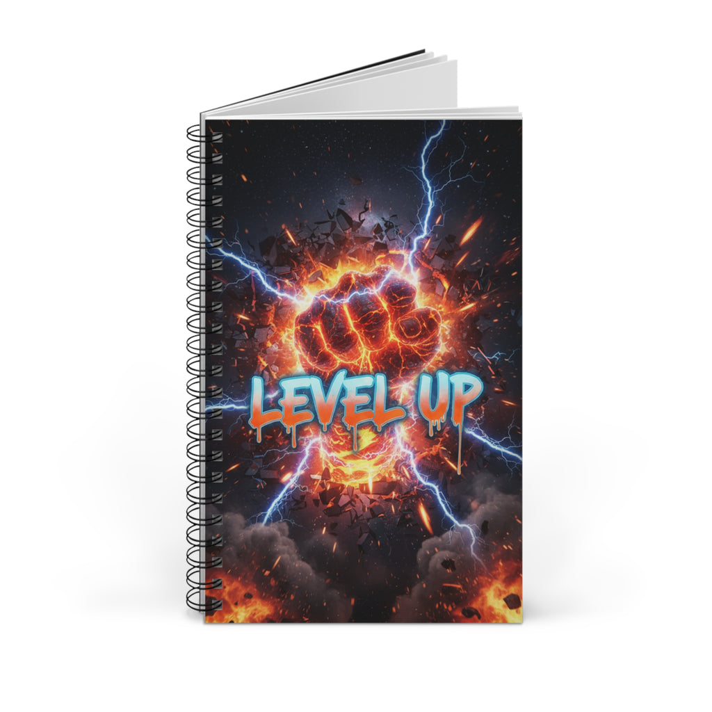 Spiral notebook with dark fantasy cover, “LEVEL UP” graphic; open pages visible