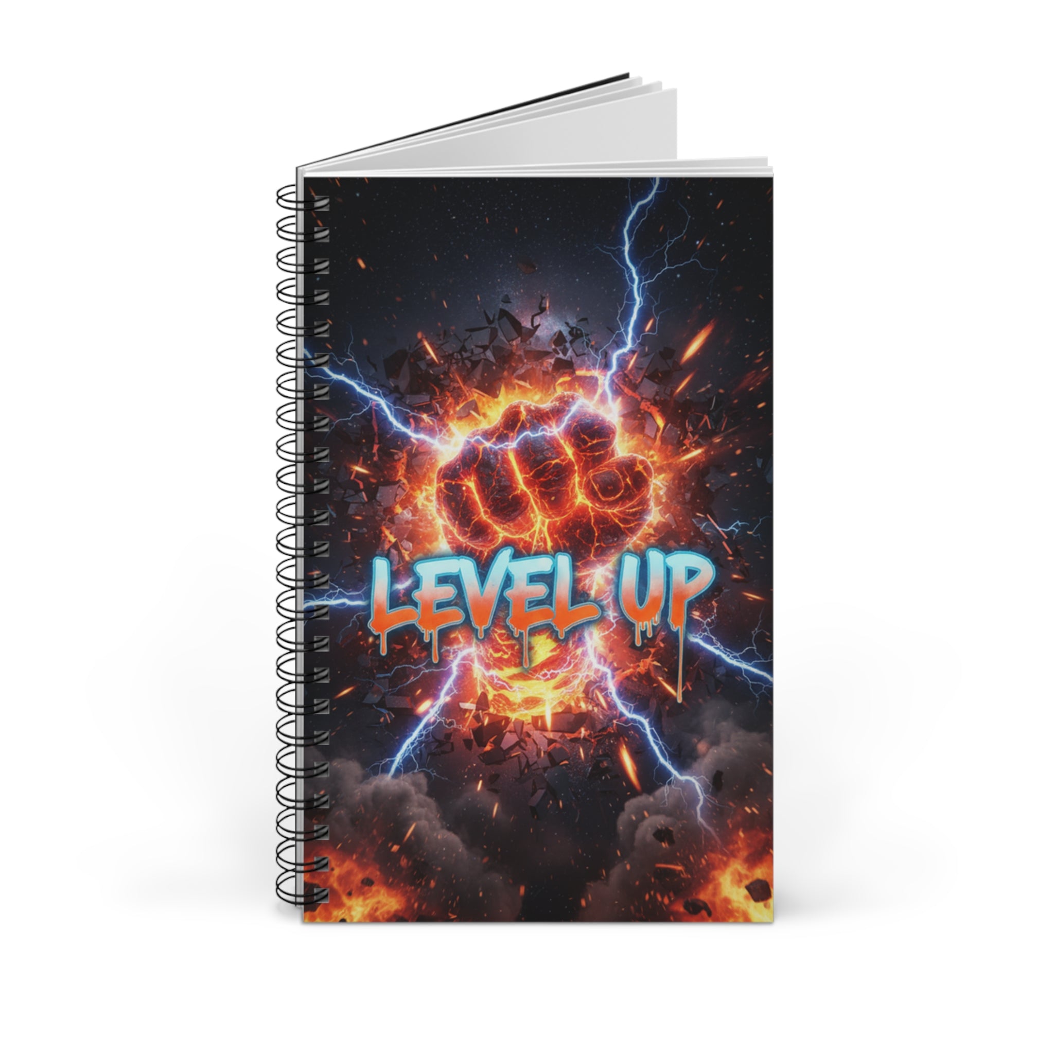 Spiral notebook with dark fantasy cover, “LEVEL UP” graphic; open pages visible