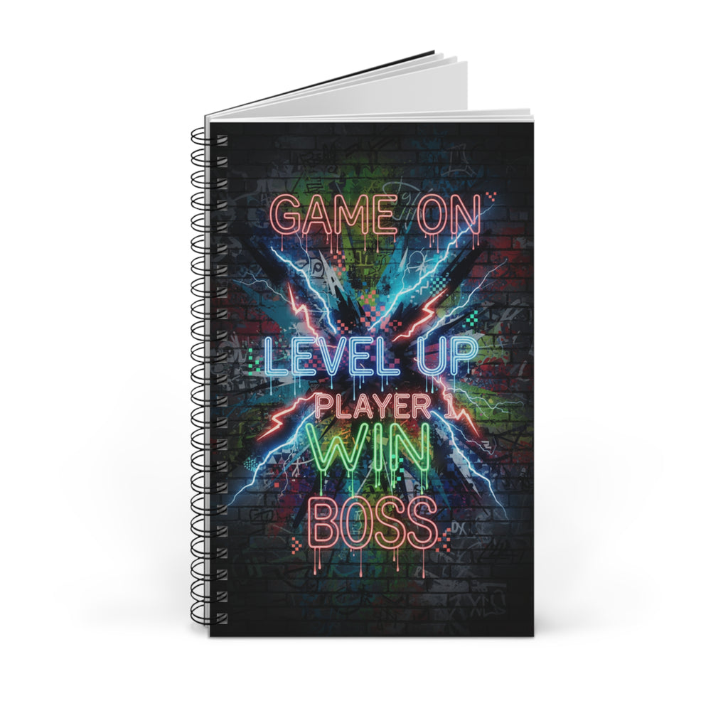 Quaderno a spirale nero con copertina “GAME ON LEVEL UP PLAYER WIN BOSS”