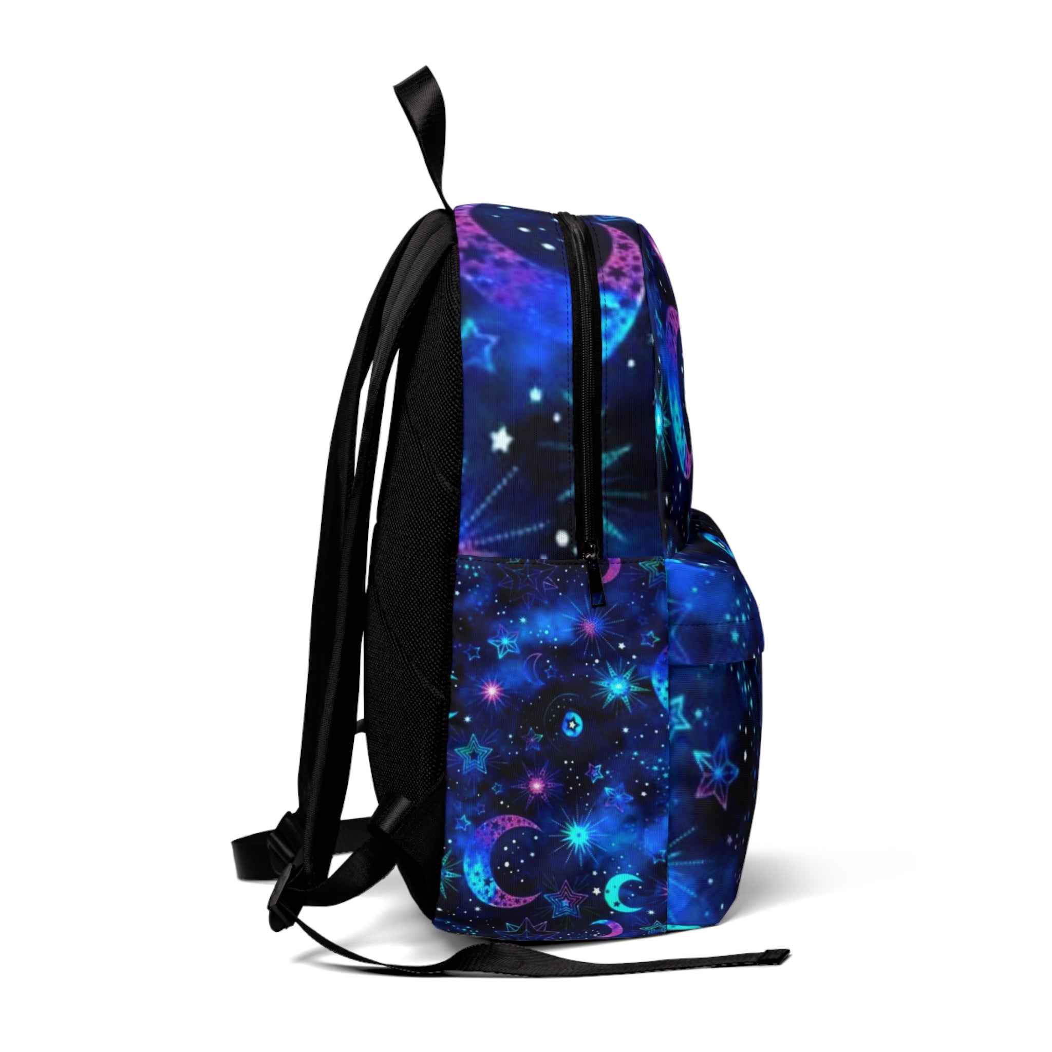 Zaino classico unisex blu scuro stampa galassia, tasca frontale e spallacci neri