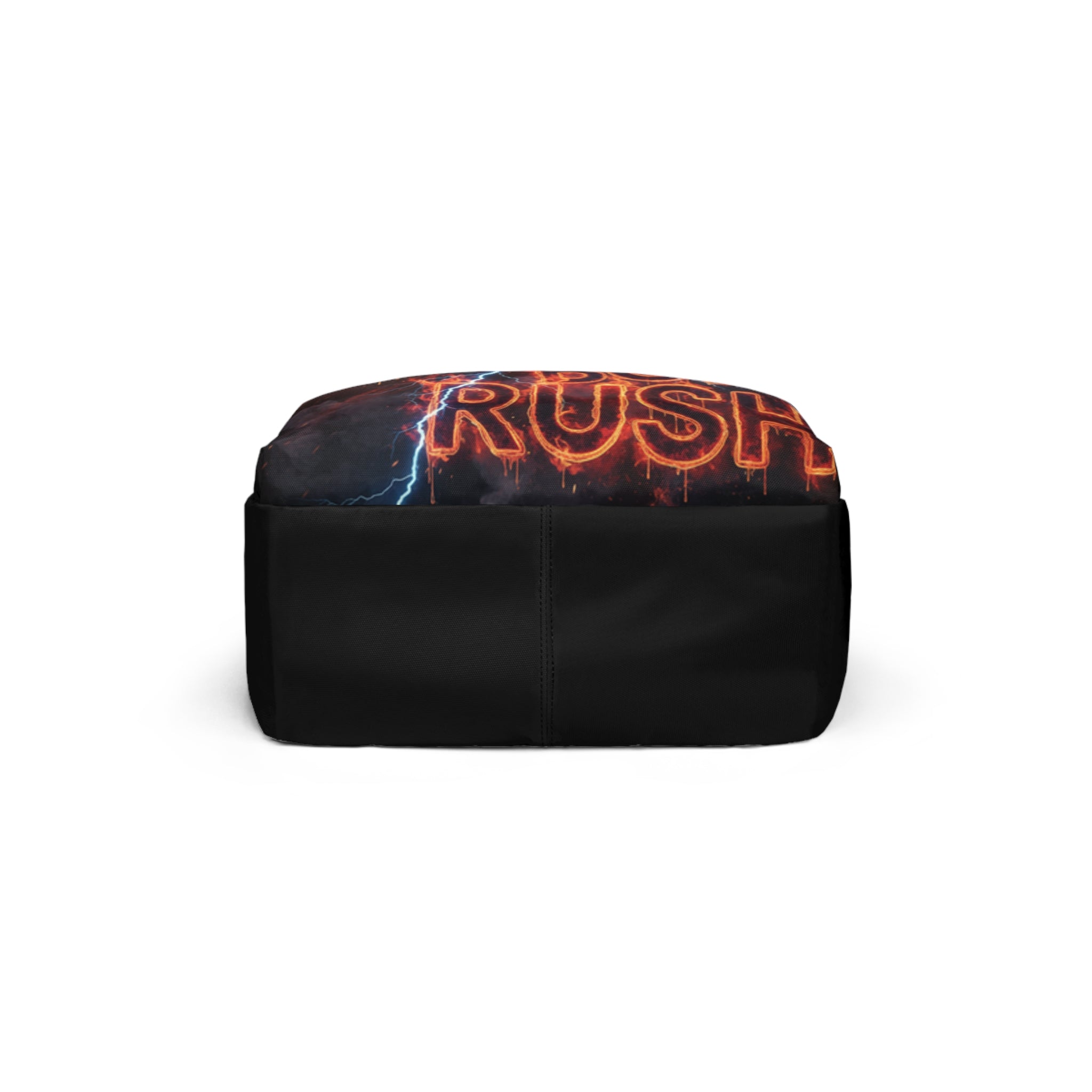 Zaino unisex nero con scritta luminosa “RUSH” sul pannello superiore e grafica arancione