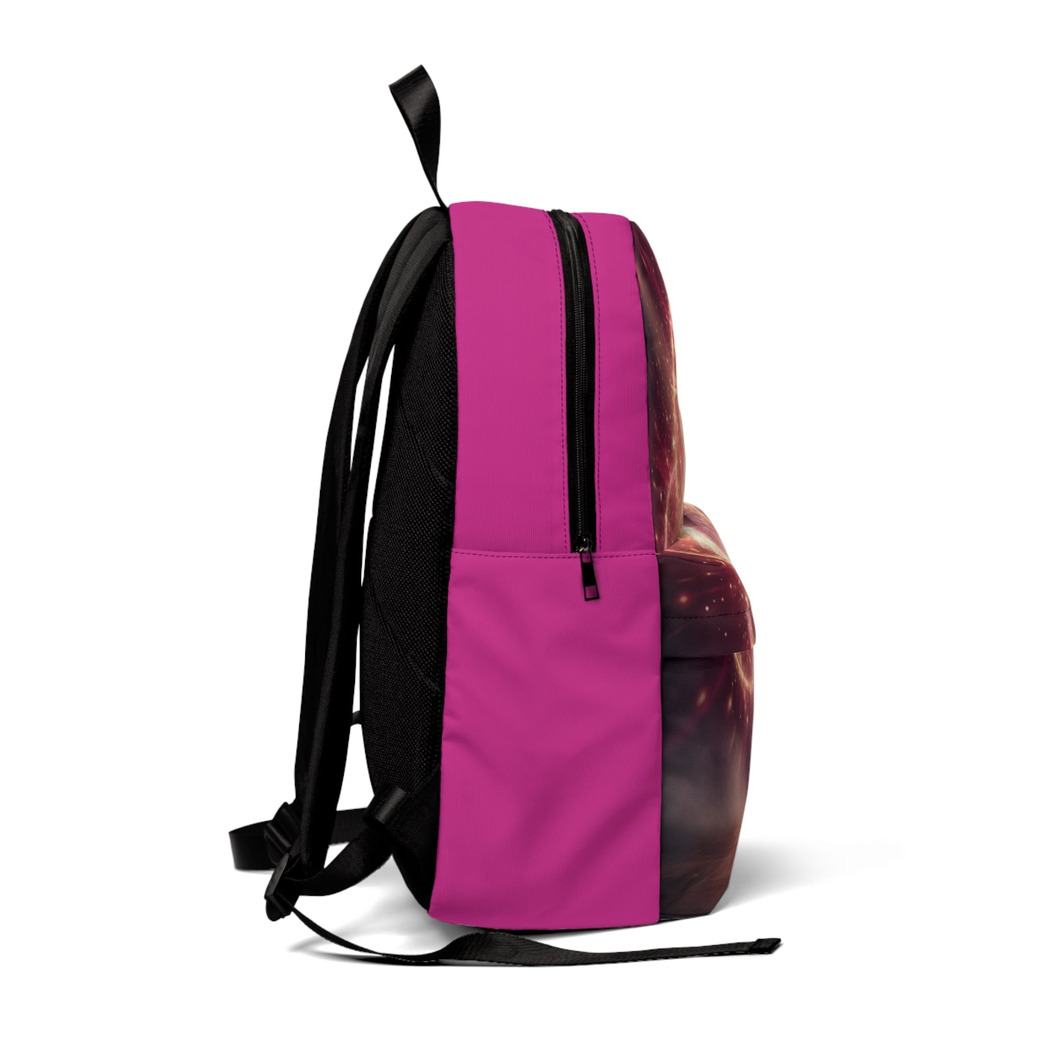 Zaino unisex magenta con spallacci neri e zip frontale, vista laterale