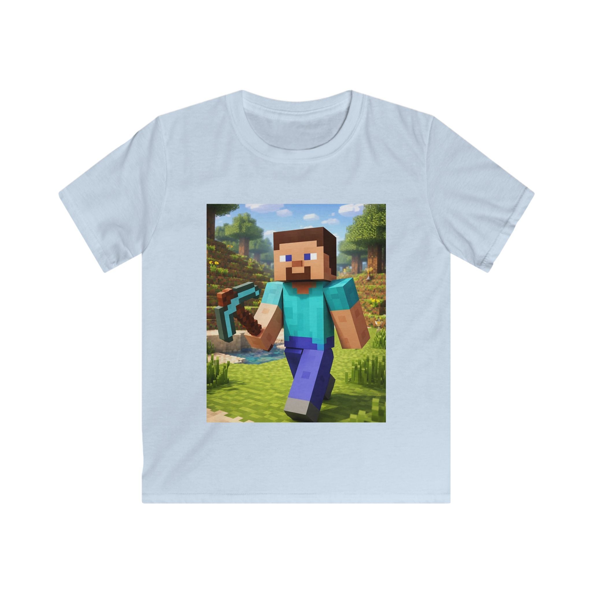 T-shirt bambino azzurra chiara con stampa quadrata di personaggio Minecraft