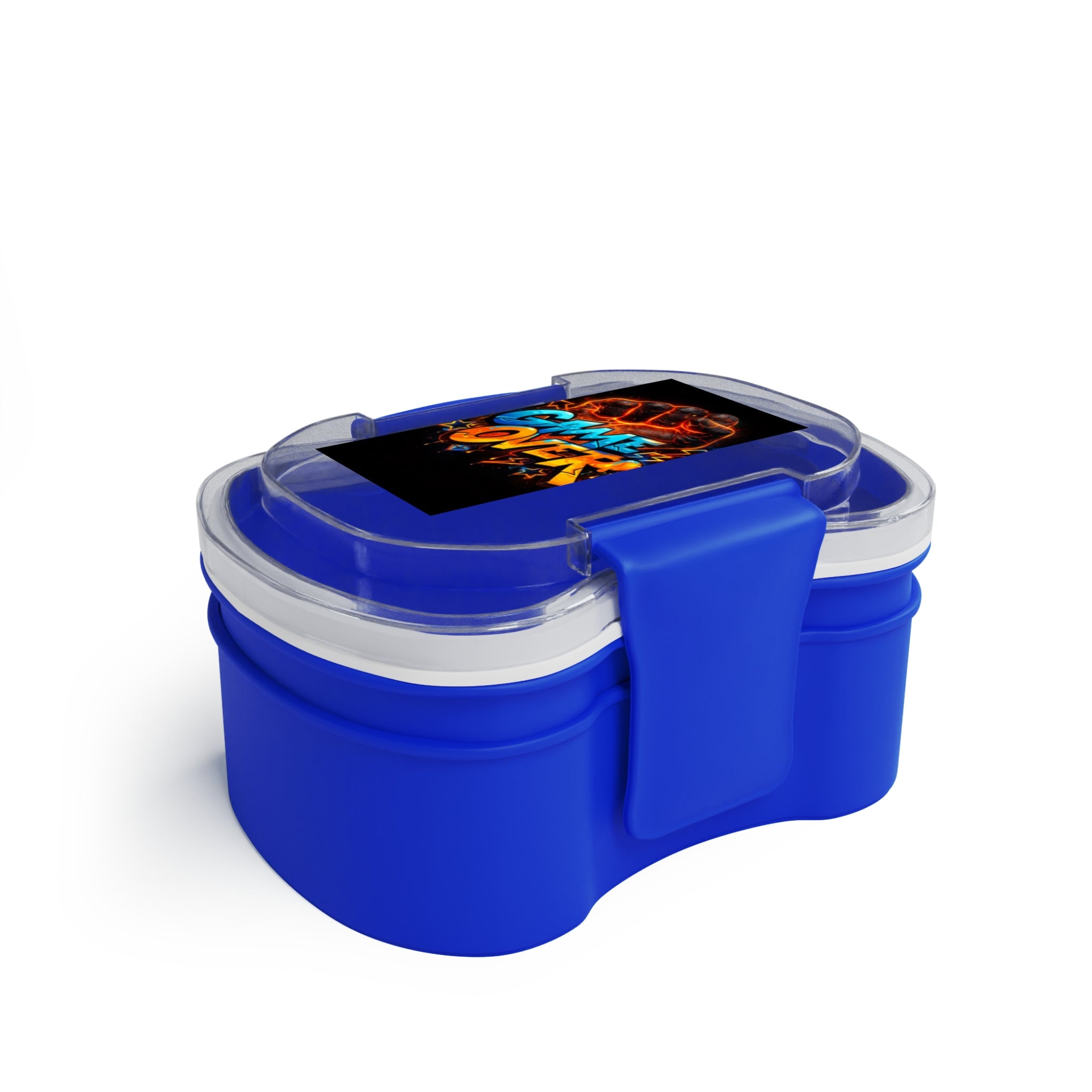 Scatola bento blu a due scomparti con coperchio trasparente e clip