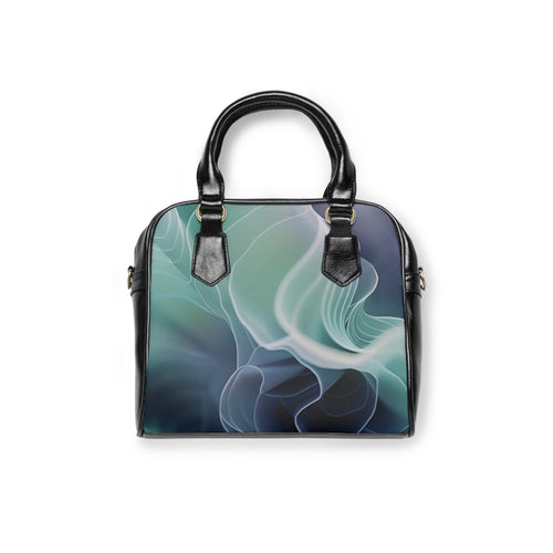 Borsa a spalla con stampa all-over su fondo nero, manici e tracolla in pelle nera