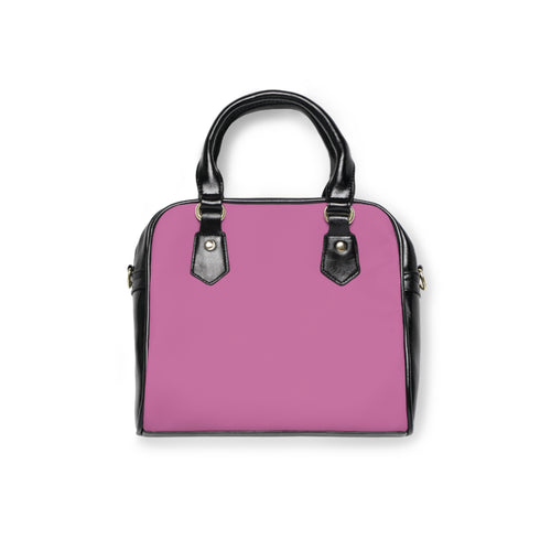 Borsa a spalla rosa con manici neri e dettagli metallici, senza stampa visibile