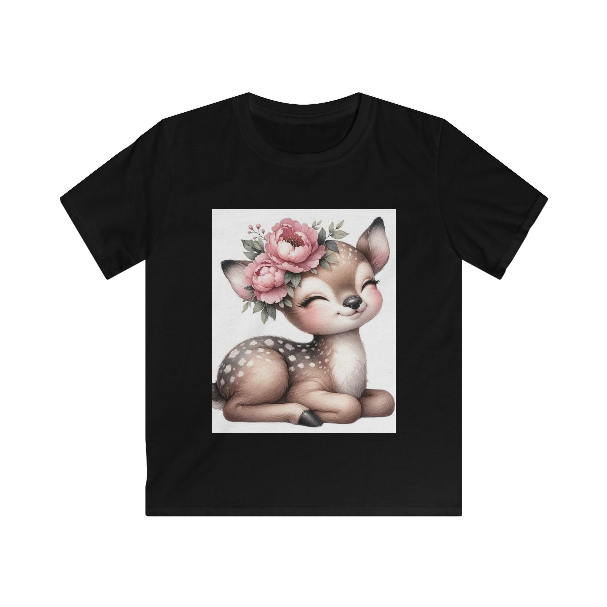 T-shirt bambino nera con stampa cerbiatto e fiori rosa in riquadro