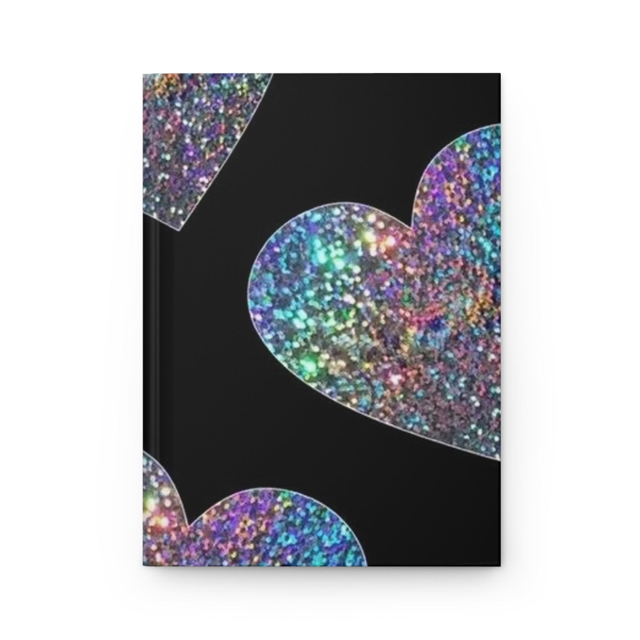 Diario rigido opaco con copertina nera e cuori glitter multicolore