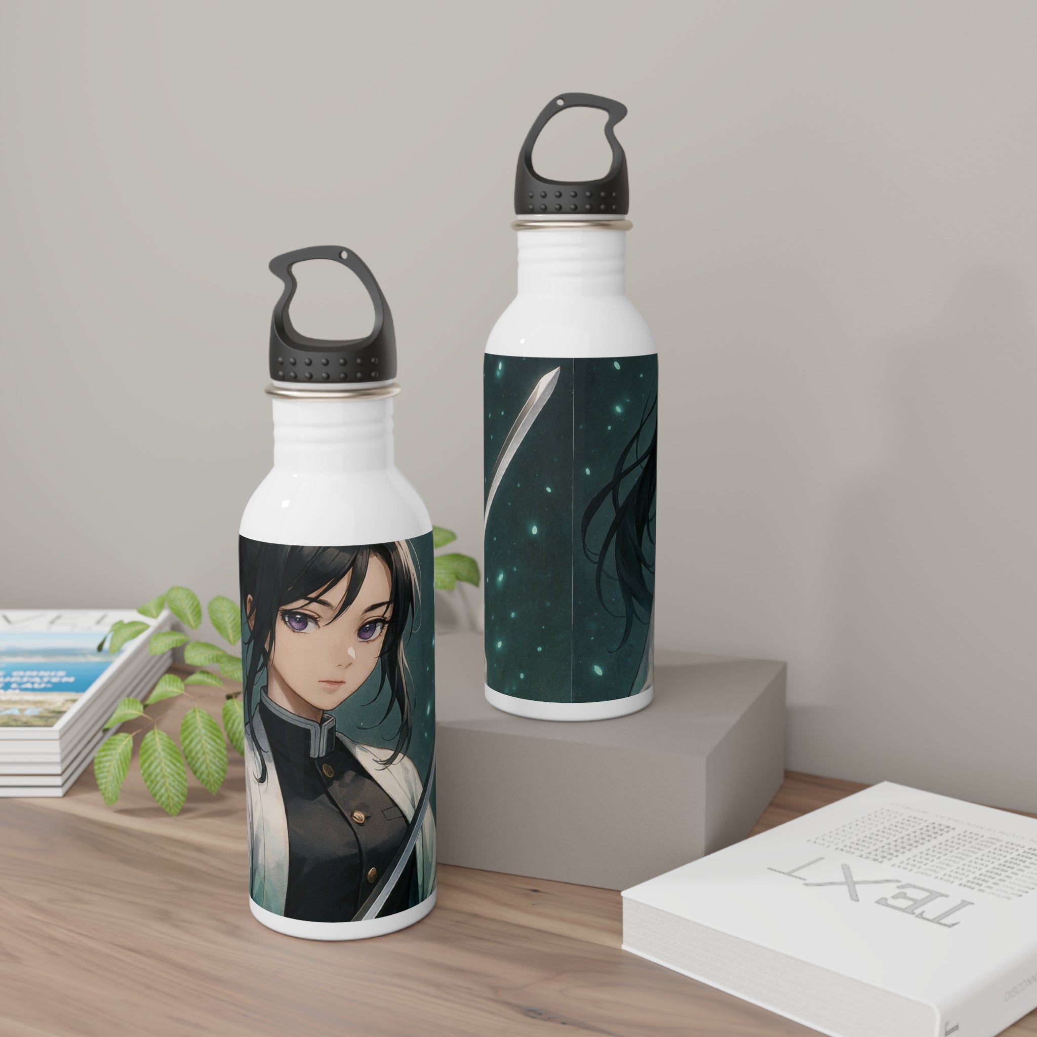 Set di due borracce in acciaio inox bianche con tappo nero e stampa anime.