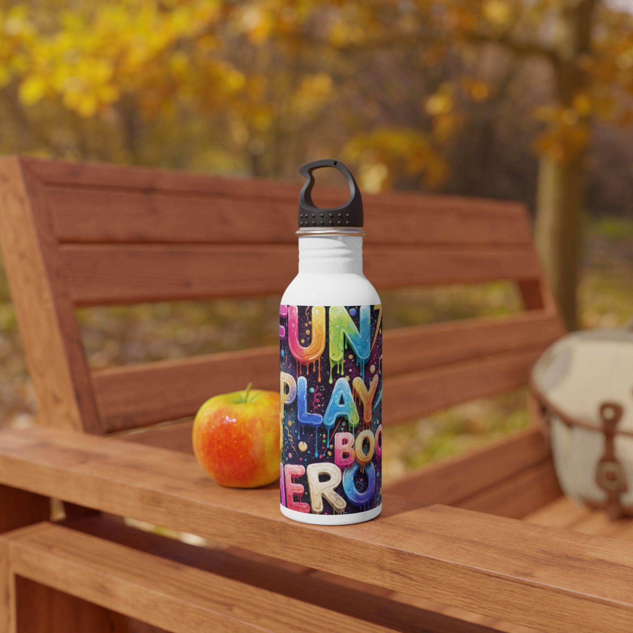 Borraccia d’acqua in acciaio inox bianca con grafica multicolore e tappo nero