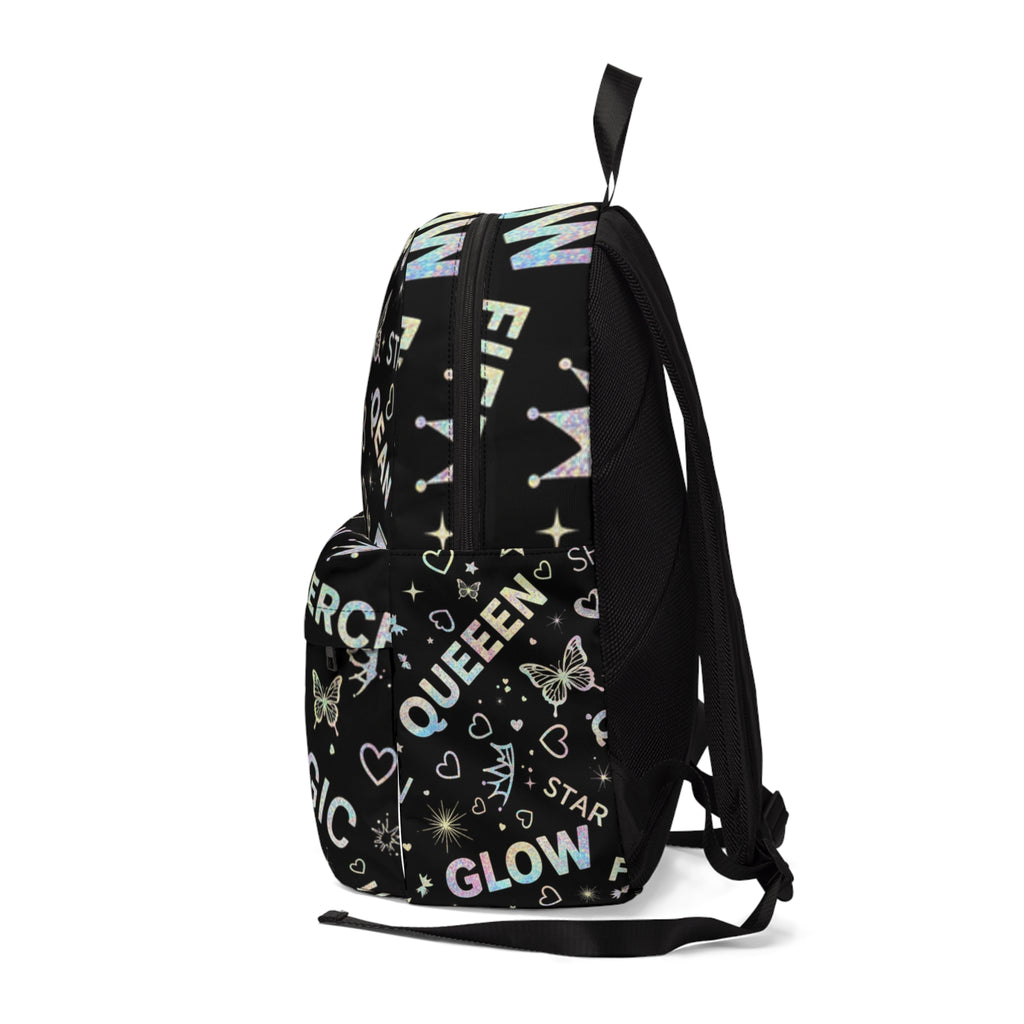 Zaino unisex nero con tasca frontale e spallacci regolabili, stampa grafica