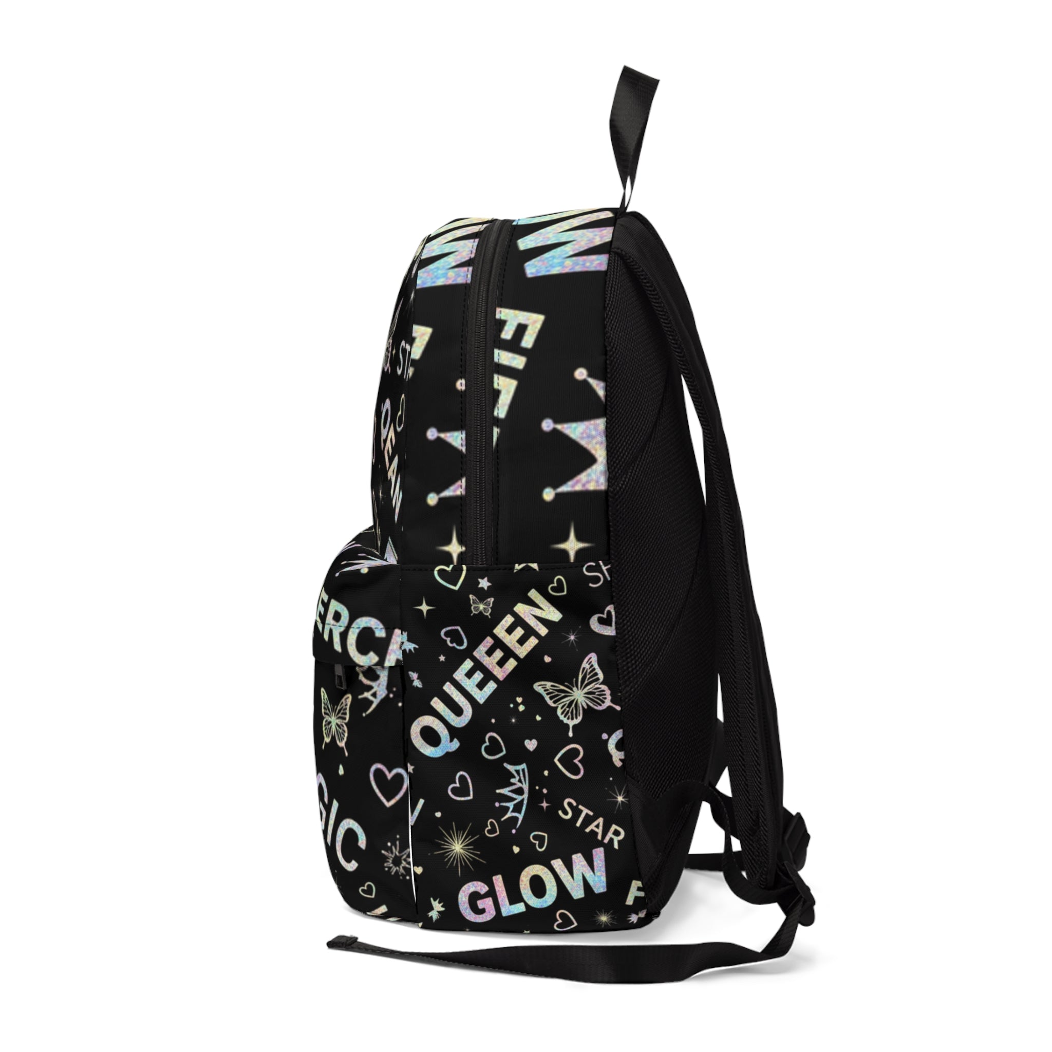 Zaino unisex nero con tasca frontale e spallacci regolabili, stampa grafica