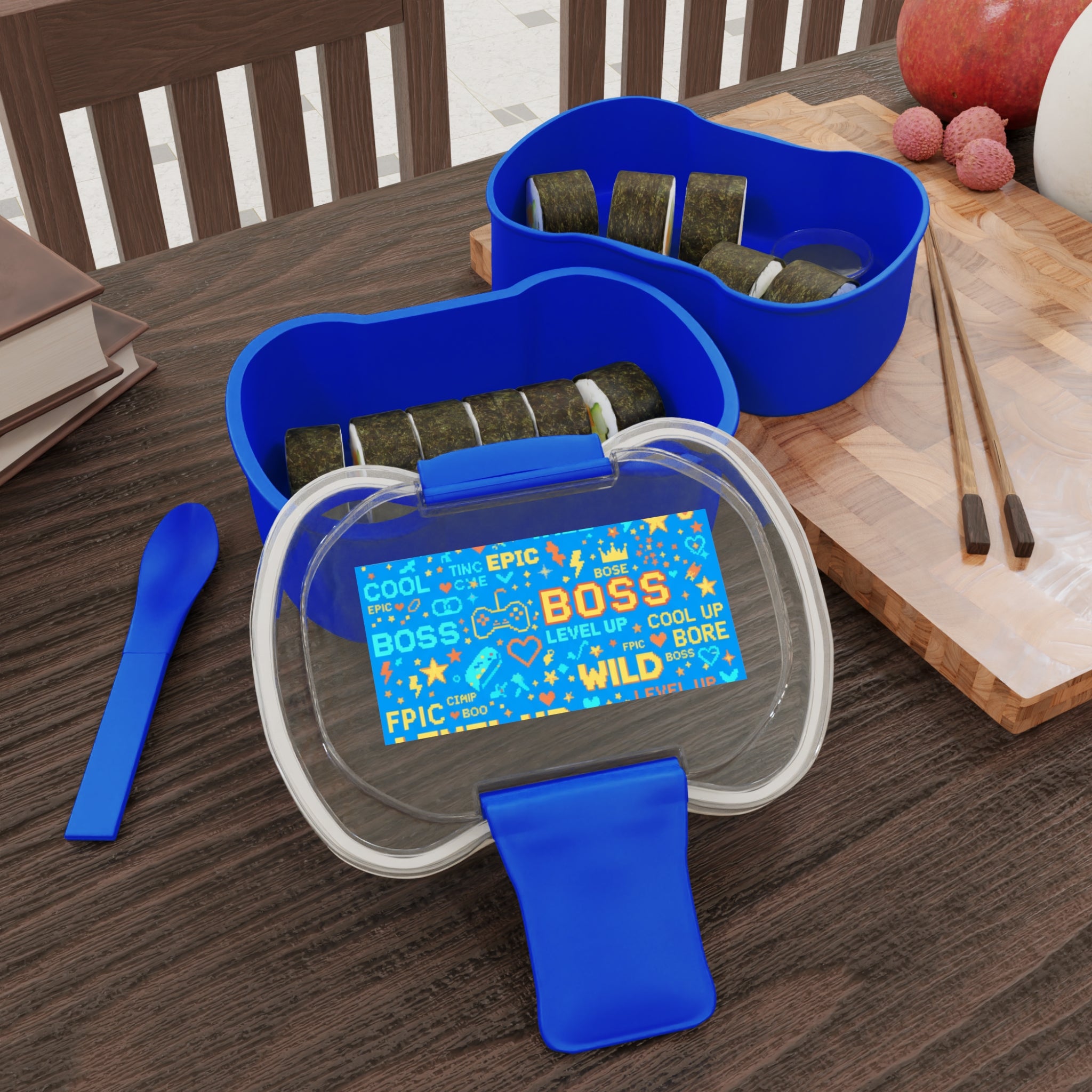 Porta pranzo bento blu a due scomparti aperto con scomparto interno e divisorio