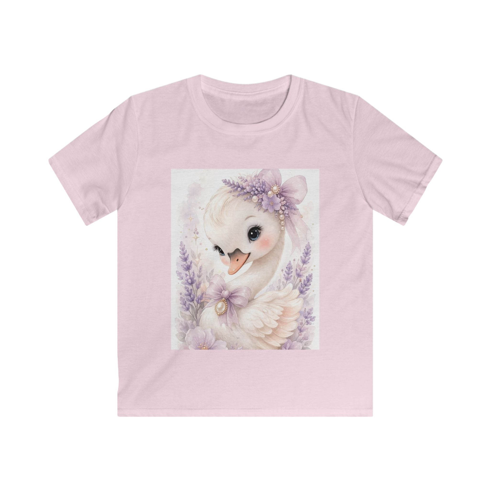 T-shirt bambino rosa chiara con stampa frontale di un uccellino e fiori lilla