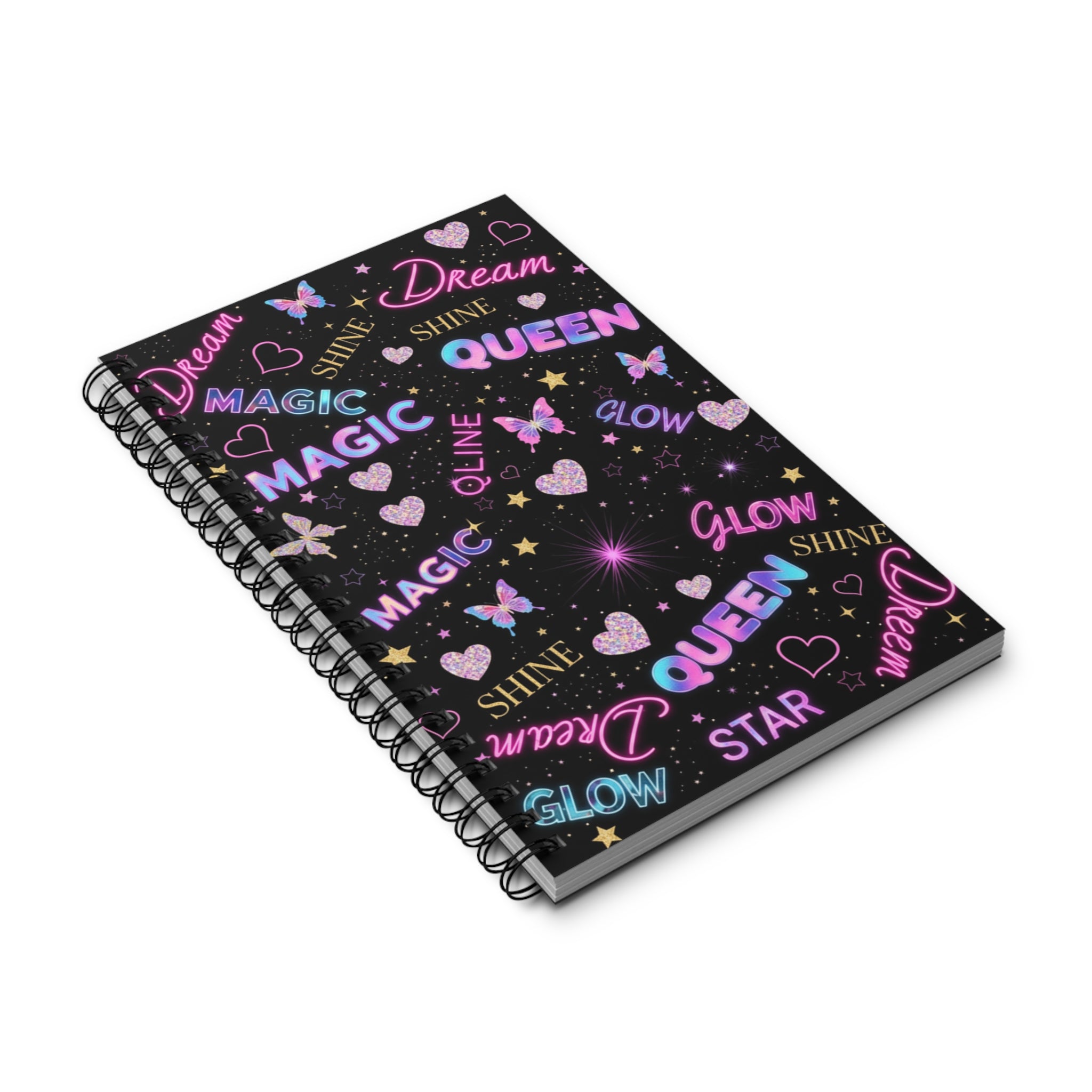 Diario a spirale nero con copertina inclinata Dream Magic Queen, cuori e farfalle