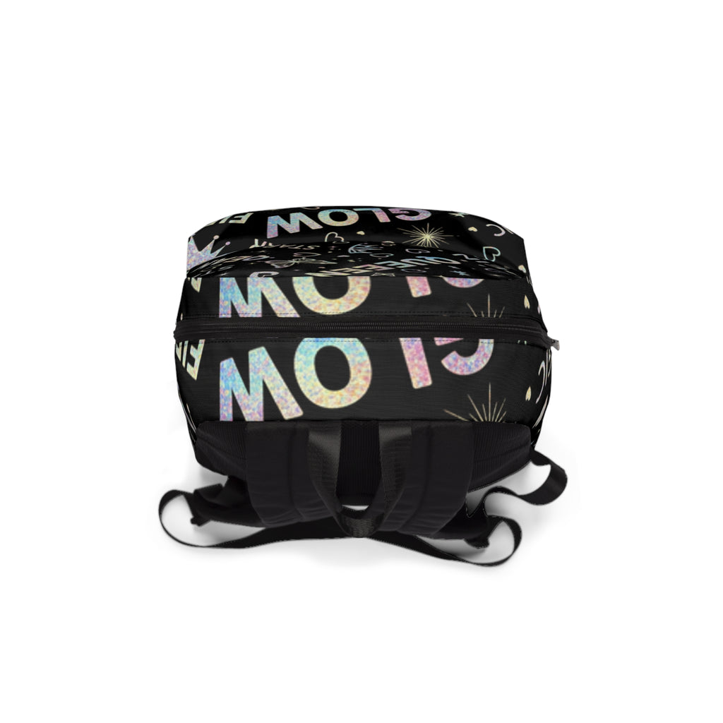 Zaino unisex nero con stampa colorata e cerniera frontale