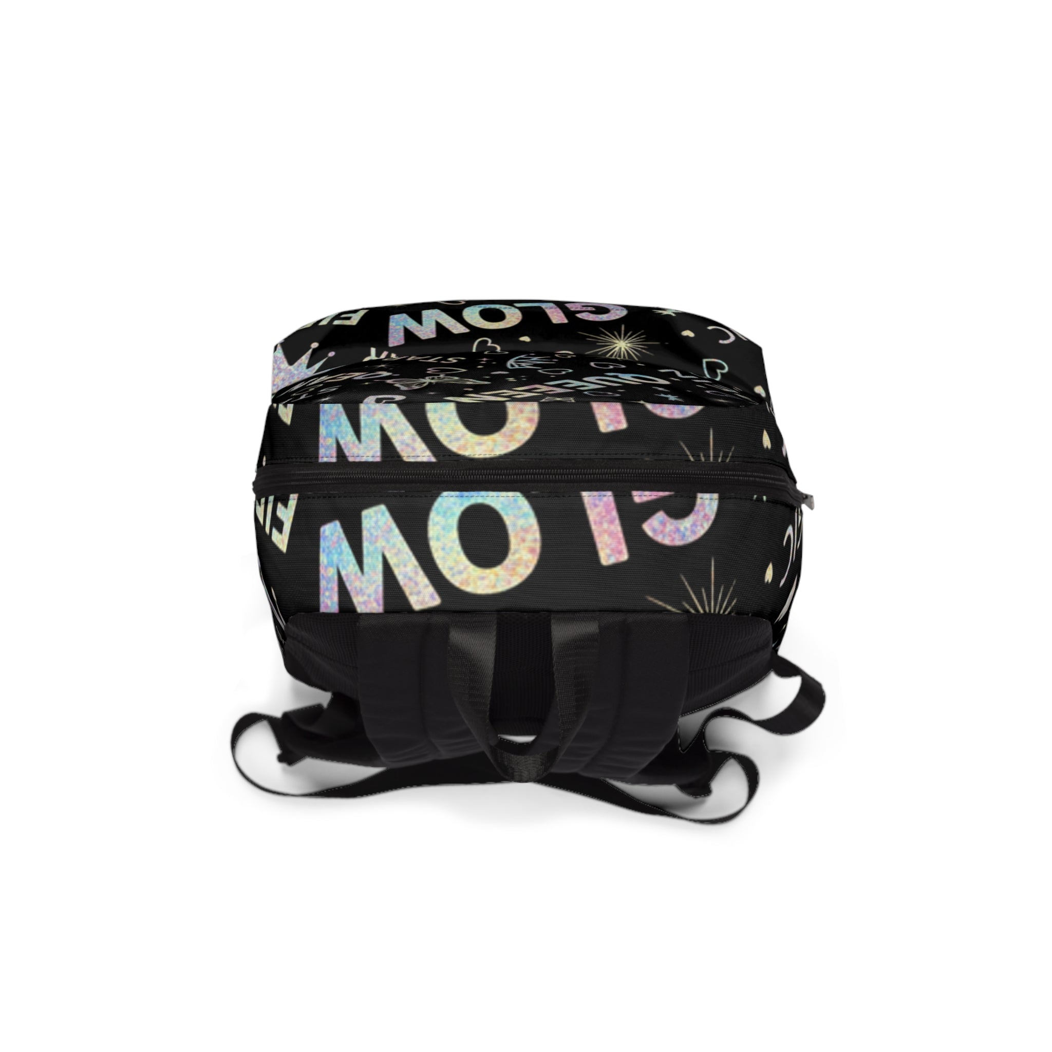 Zaino unisex nero con stampa colorata e cerniera frontale