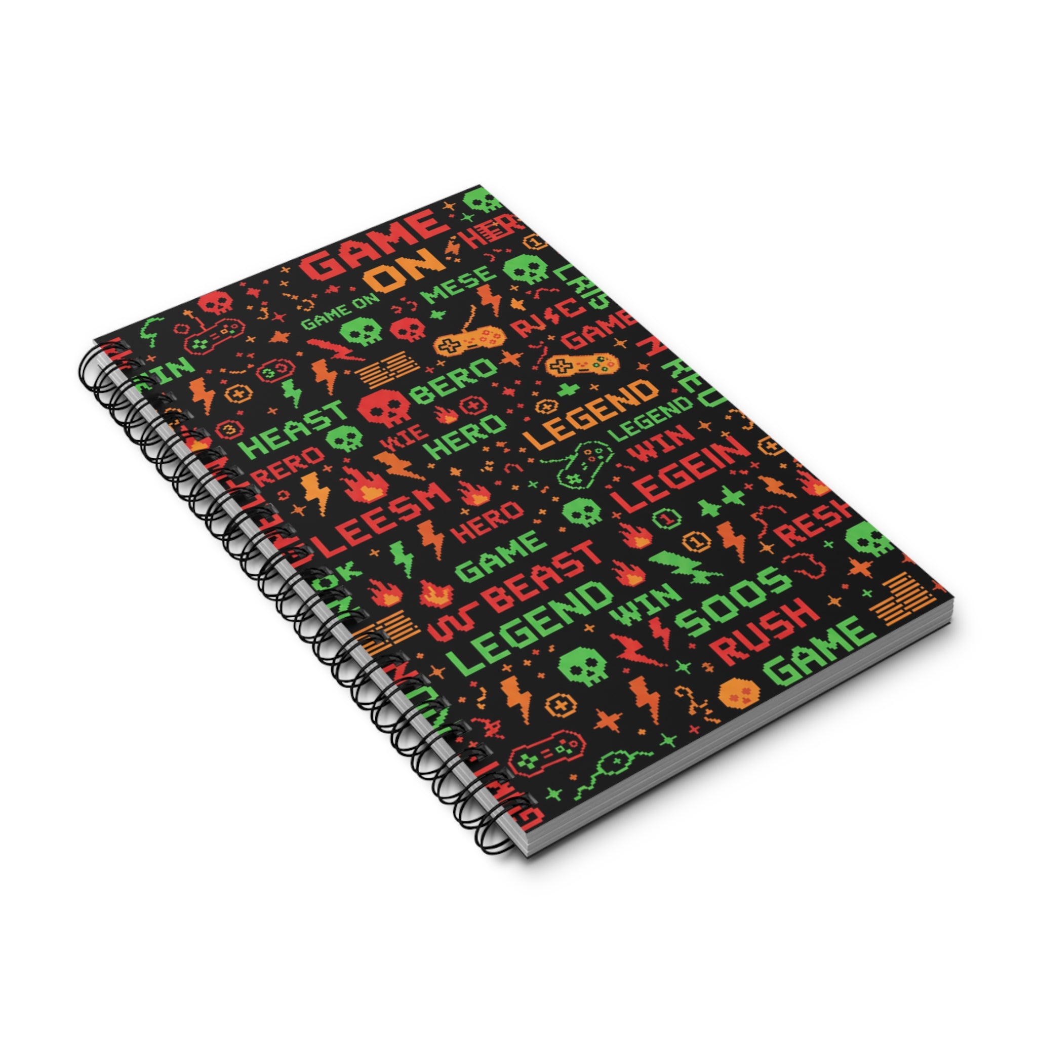 Quaderno a spirale nero con copertina gaming, teschi e scritte colorate.