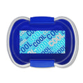 Scatola bento a due scomparti blu con coperchio trasparente e clip.