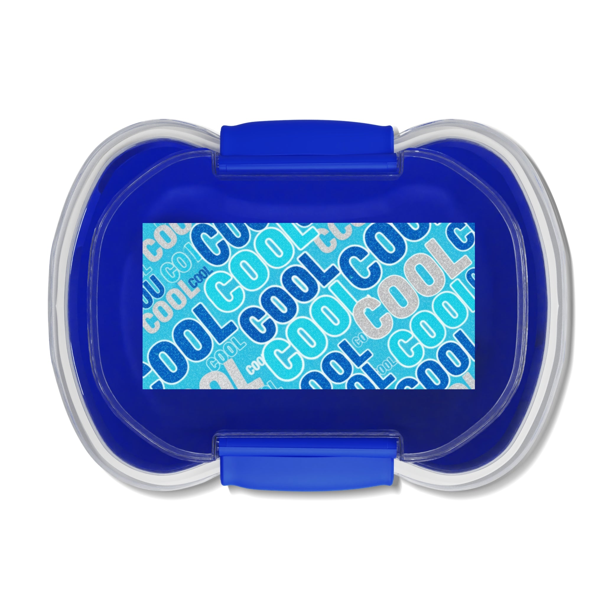 Scatola bento a due scomparti blu con coperchio trasparente e clip.