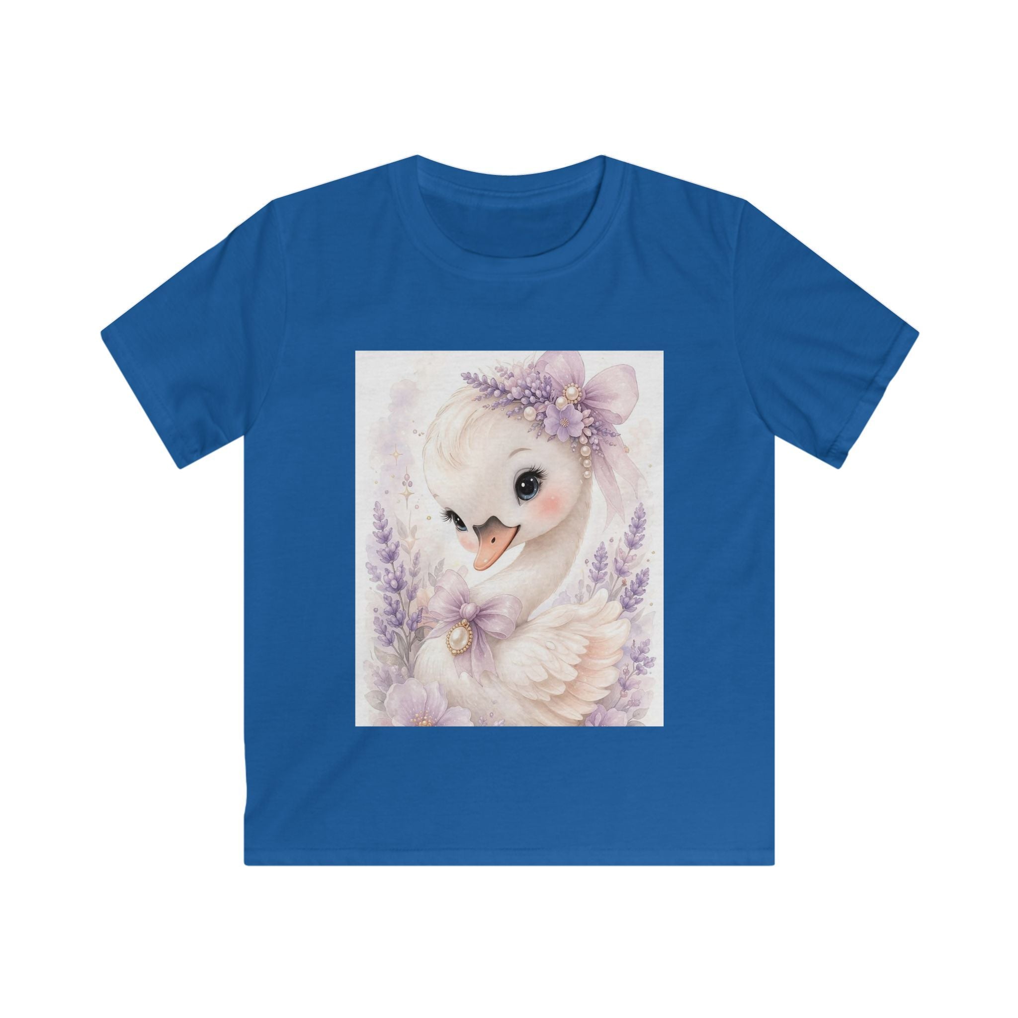 T-shirt bambino blu con stampa frontale in riquadro di un uccellino e fiori lilla