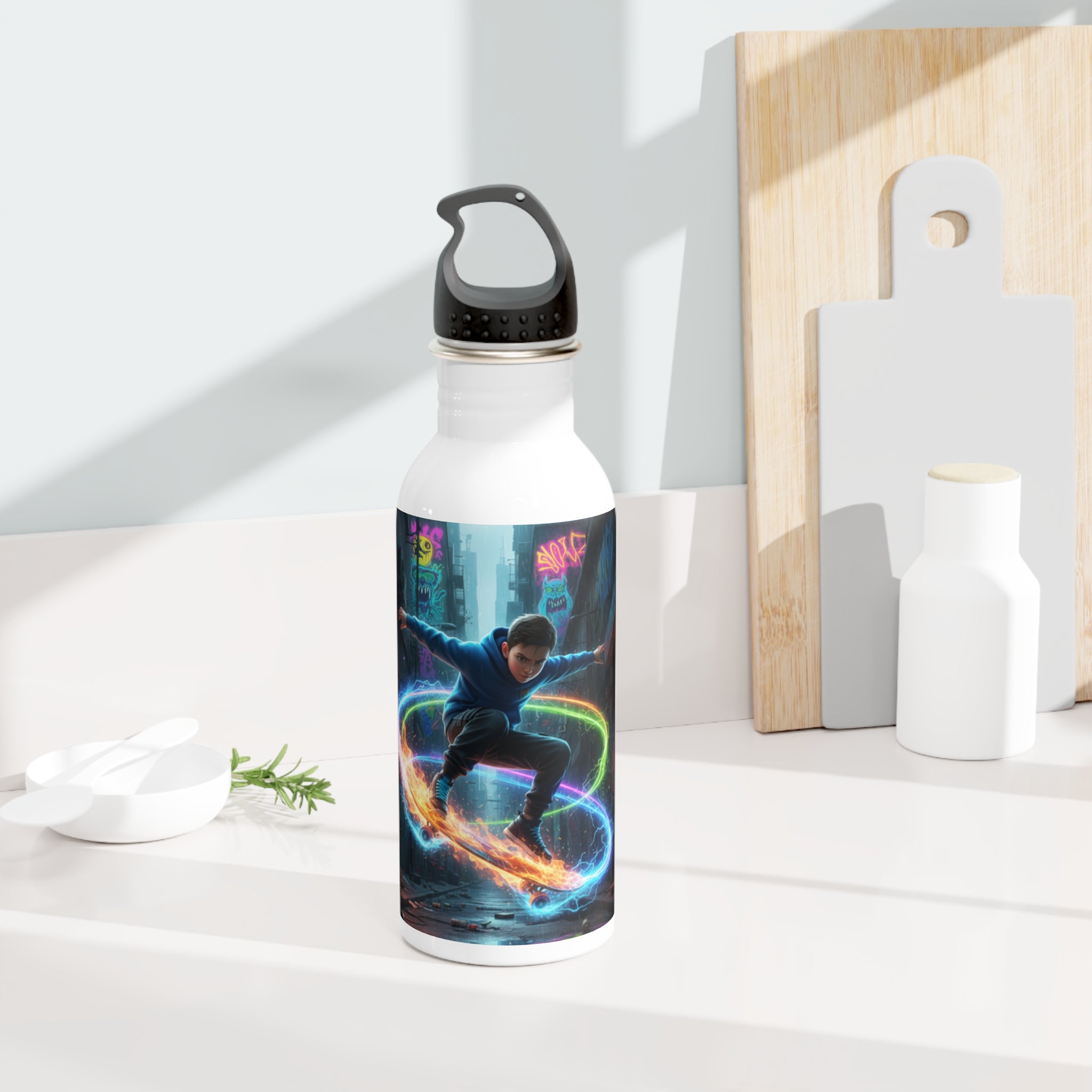 Bottiglia d’acqua in acciaio bianca con tappo nero e stampa colorata sul corpo