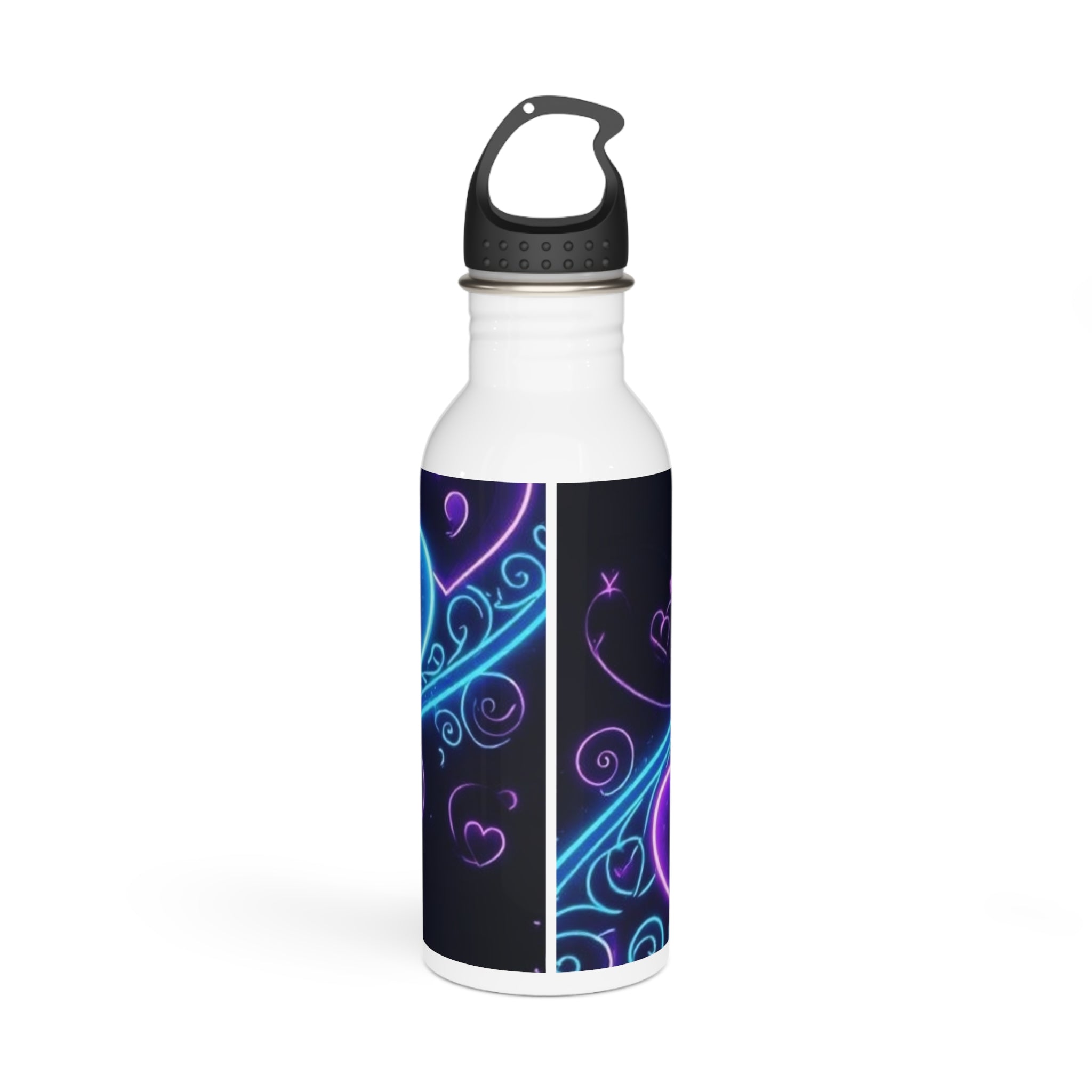 Borraccia in acciaio bianca con tappo nero, grafica con cuori blu e viola.