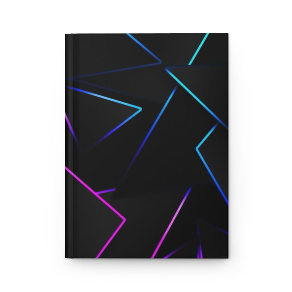 Quaderno hardcover nero opaco con grafica astratta blu e rosa.