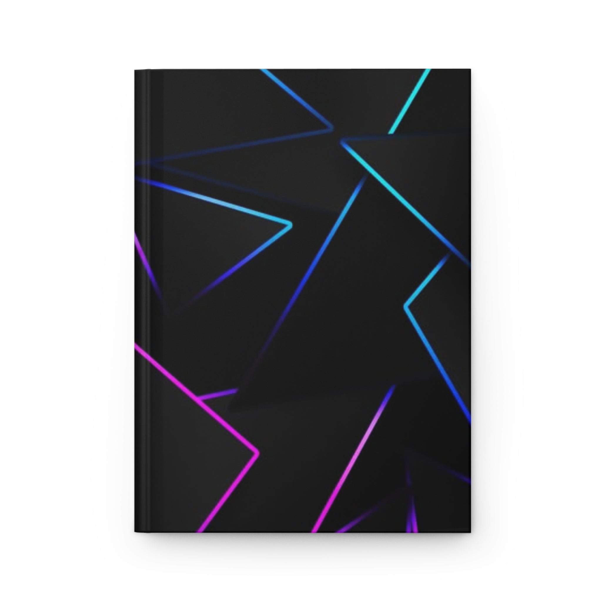 Quaderno hardcover nero opaco con grafica astratta blu e rosa.