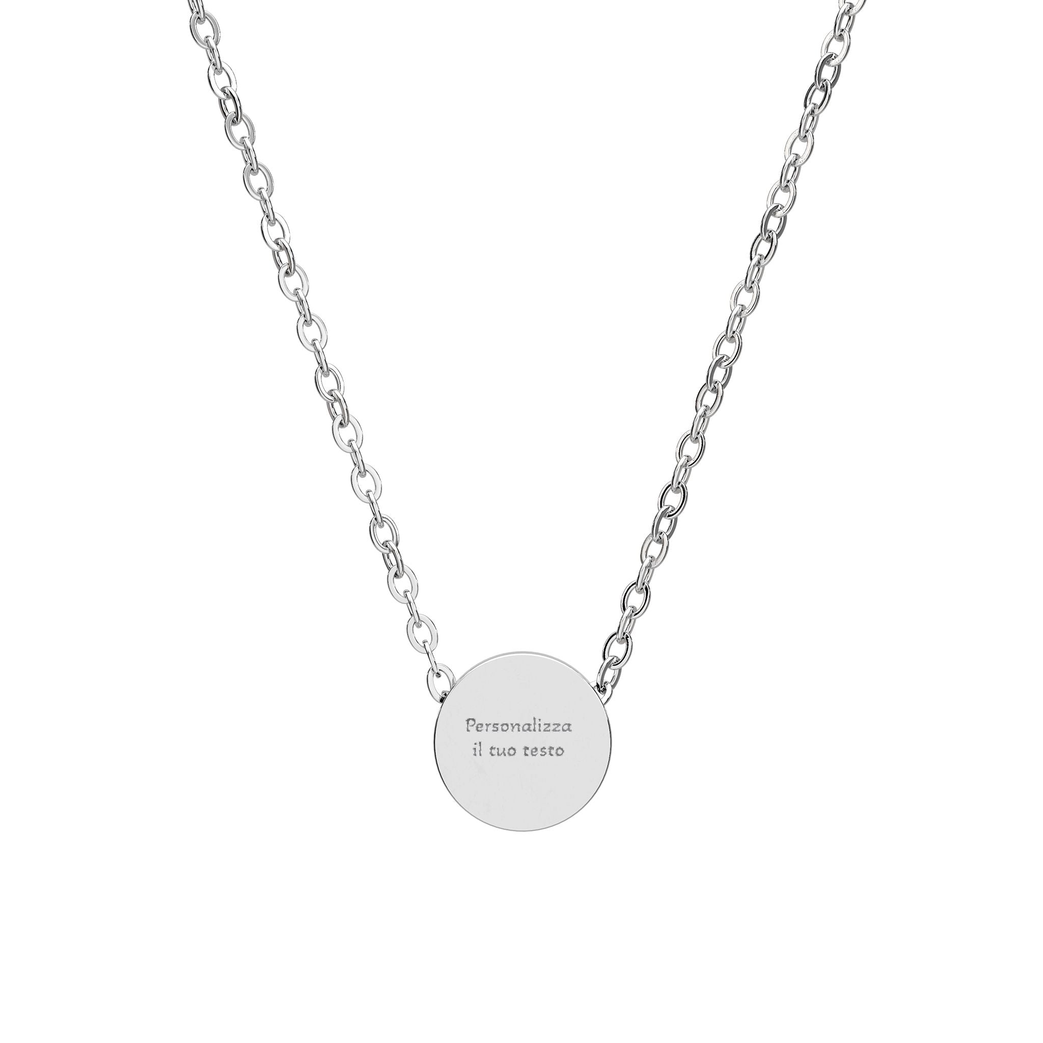 Collana con ciondolo rotondo mini in cerchio, incisione, catena a maglie argento