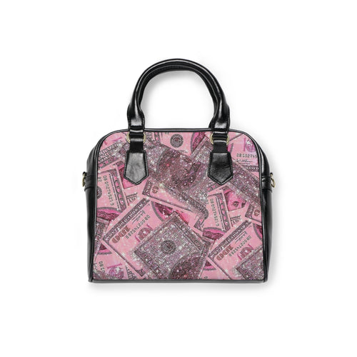 Borsa a spalla con stampa all-over rosa e glitter, manici neri e chiusure laterali.