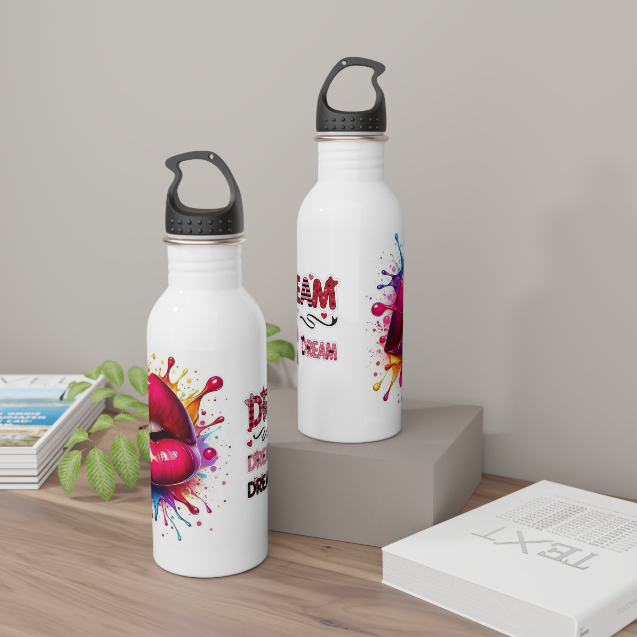 Set di due borracce in acciaio inox bianche con tappi neri e grafiche «DREAM»