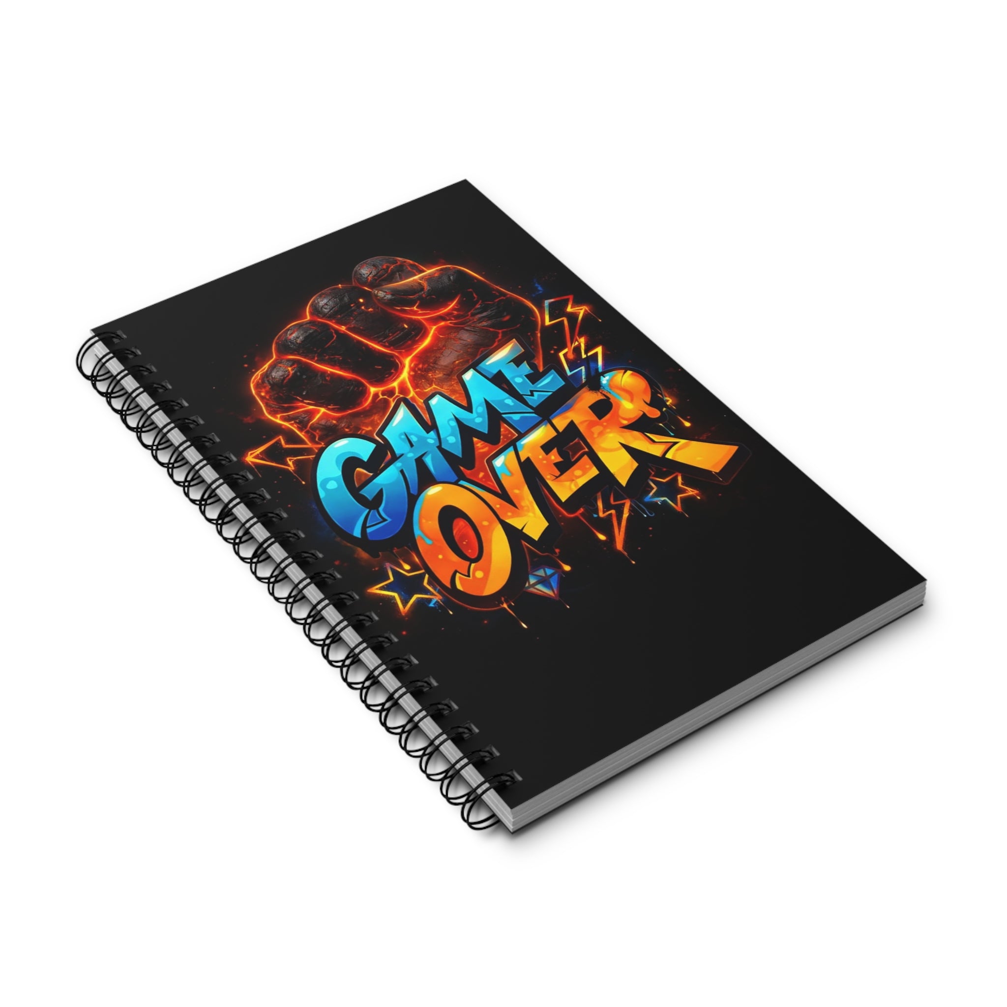 Quaderno nero Game Over con spirale metallica sul bordo, vista diagonale