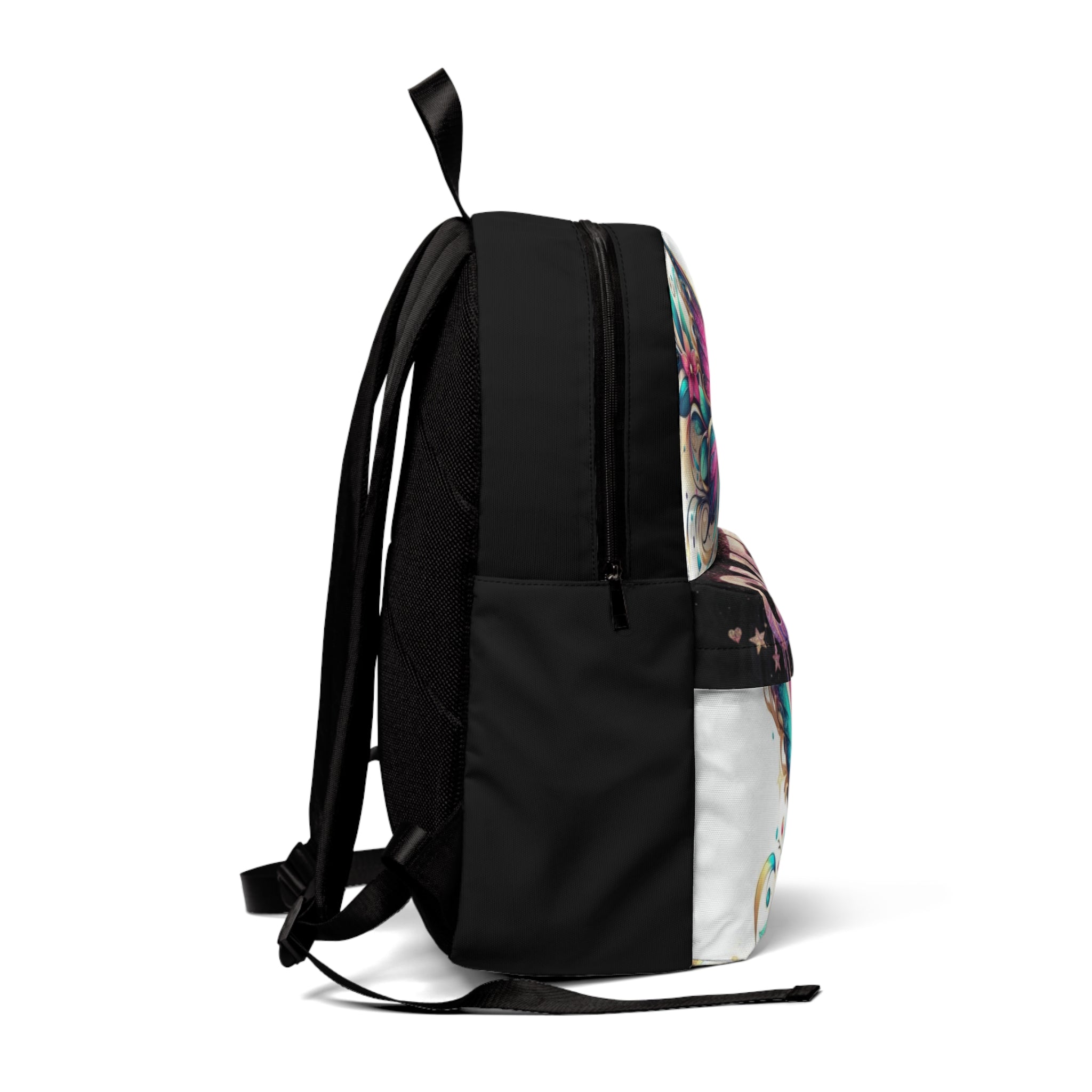 Zaino unisex nero con stampa farfalle multicolor sul lato, spallacci regolabili.
