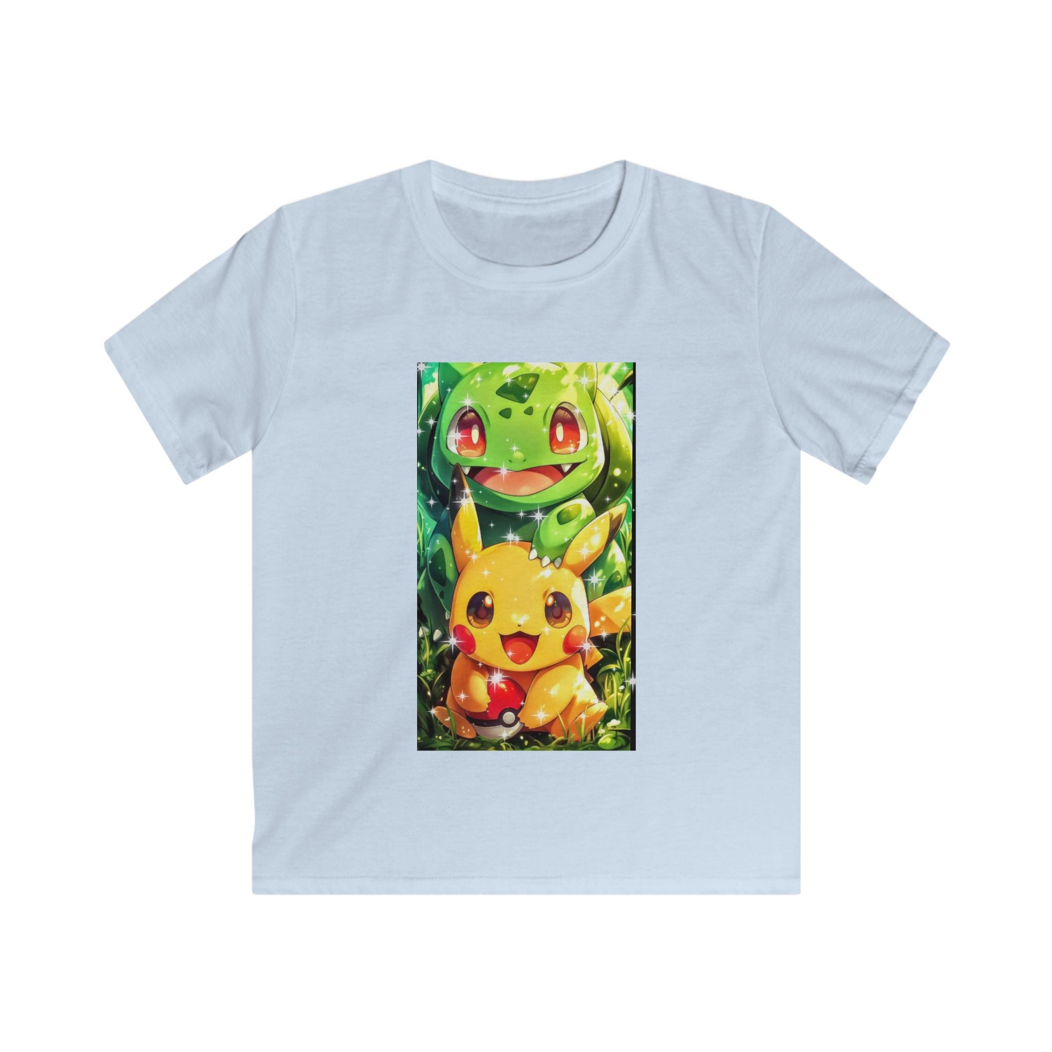 T-shirt bambino azzurra con stampa rettangolare di personaggi verdi e gialli