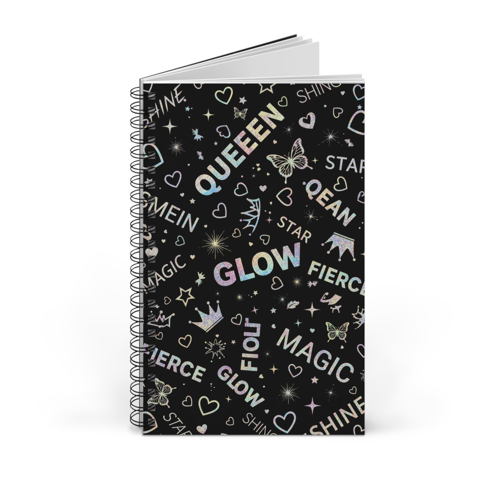Quaderno con copertina nera e motivo QUEEN, farfalla e stelle con scritte GLOW, MAGIC