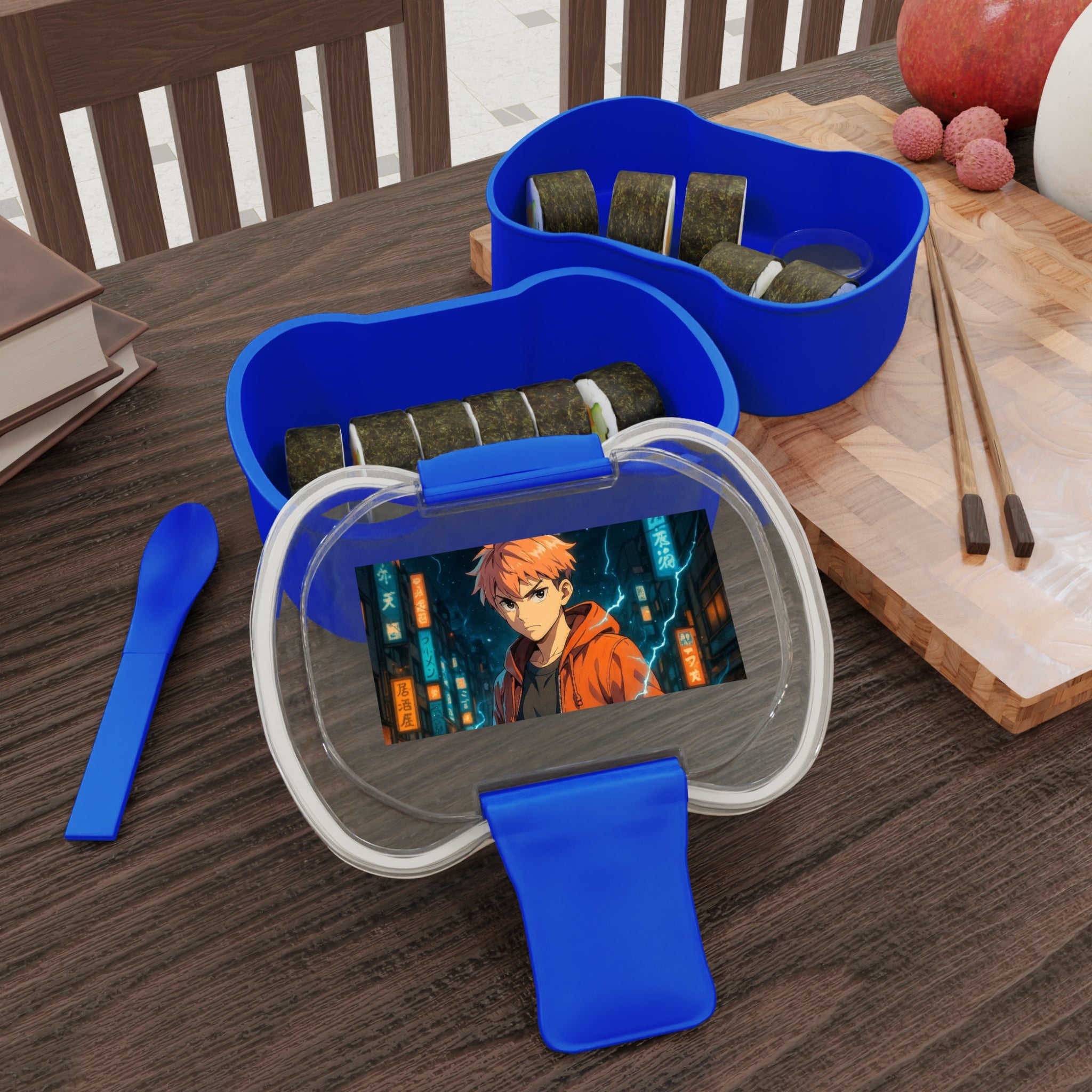 Contenitore bento a due livelli blu con due scomparti, coperchio trasparente