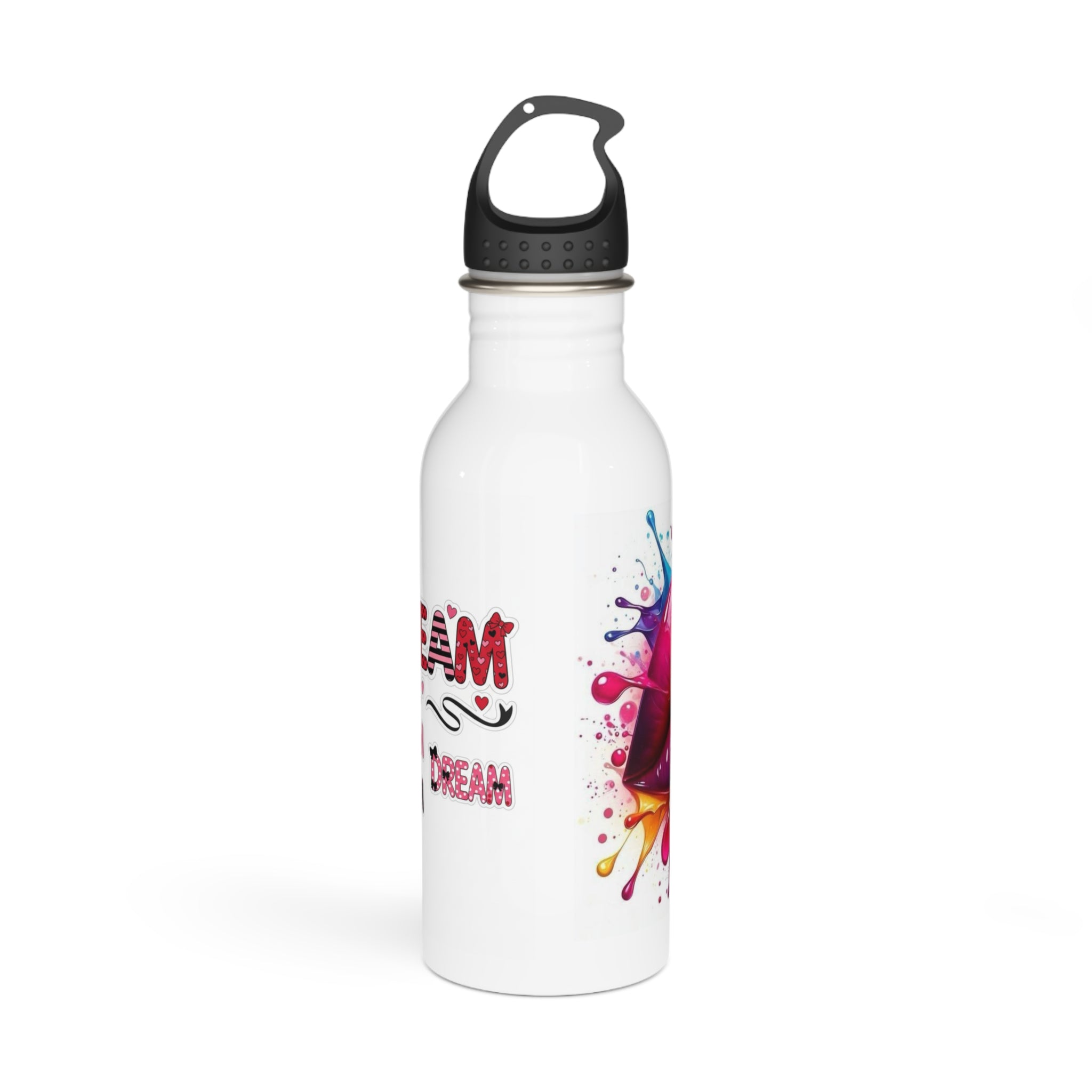 Borraccia in acciaio inox bianca con tappo nero e scritta «DREAM» colorata