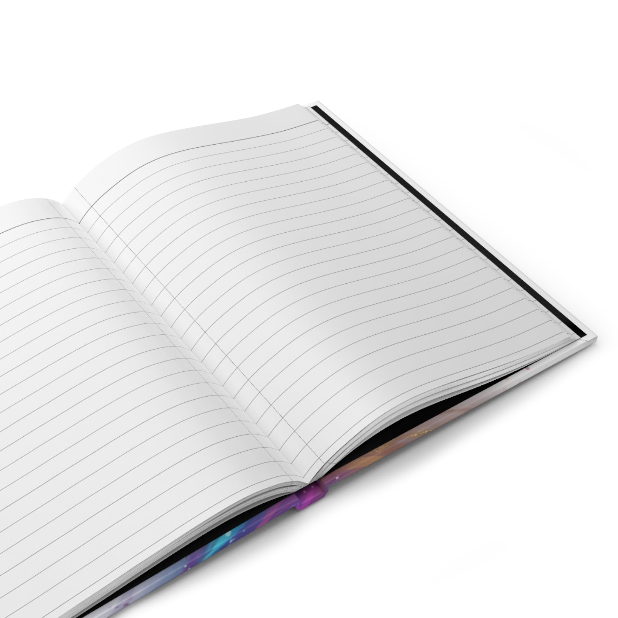 Sert kapaklı mat defter, çizgili beyaz sayfalar ve açık görünüm